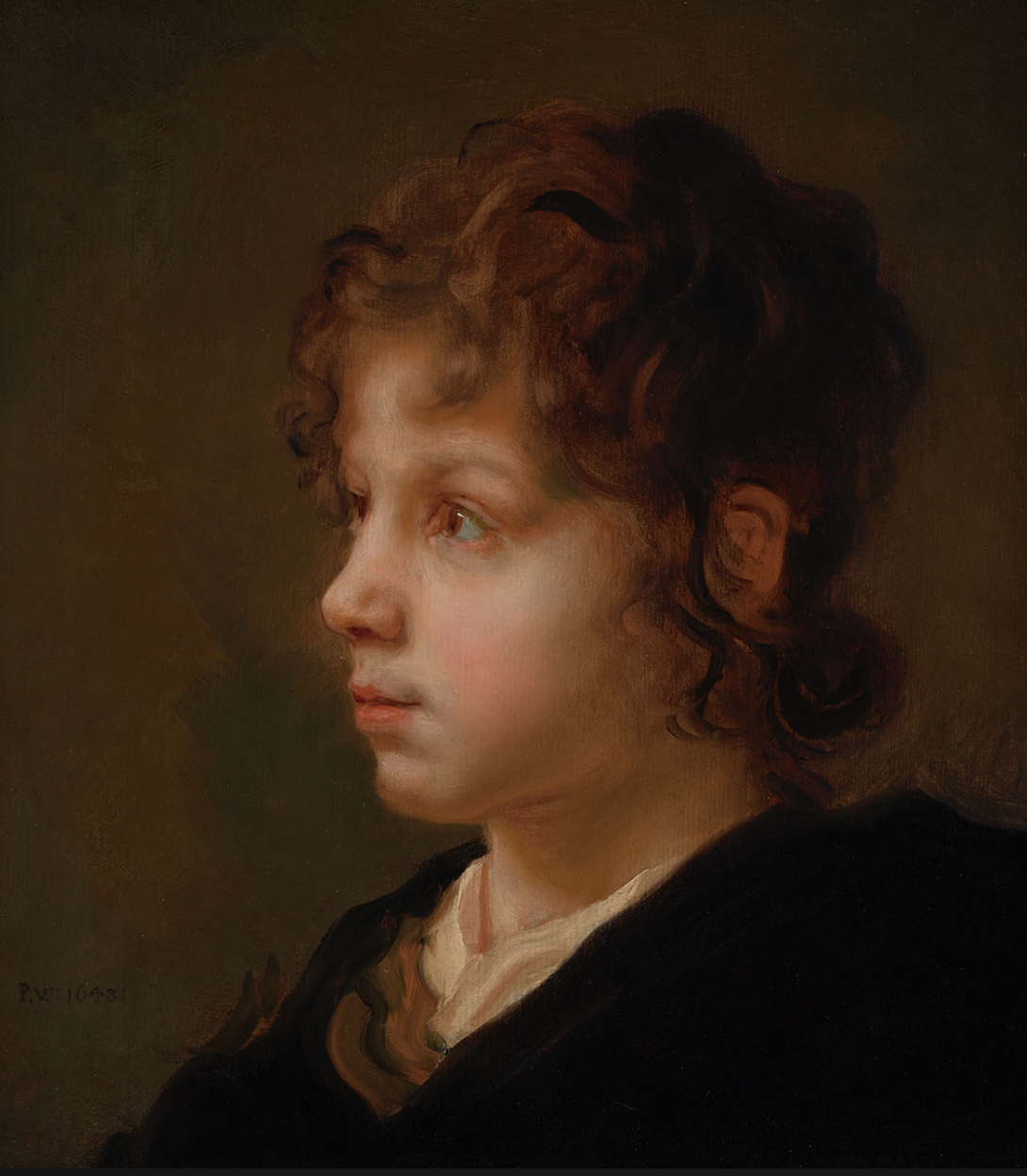 A realistic portrait of a young girl with curly hair, gazing to the left, wearing a black garment and a white collar, in a subdued brown background.