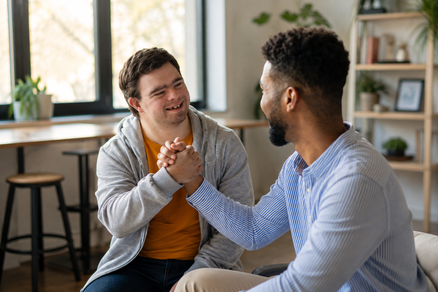 Two men smiling and engaging in a handshake or arm exchange in a casual indoor setting, with one wearing a grey hoodie and yellow shirt, and the other in a striped blue shirt.