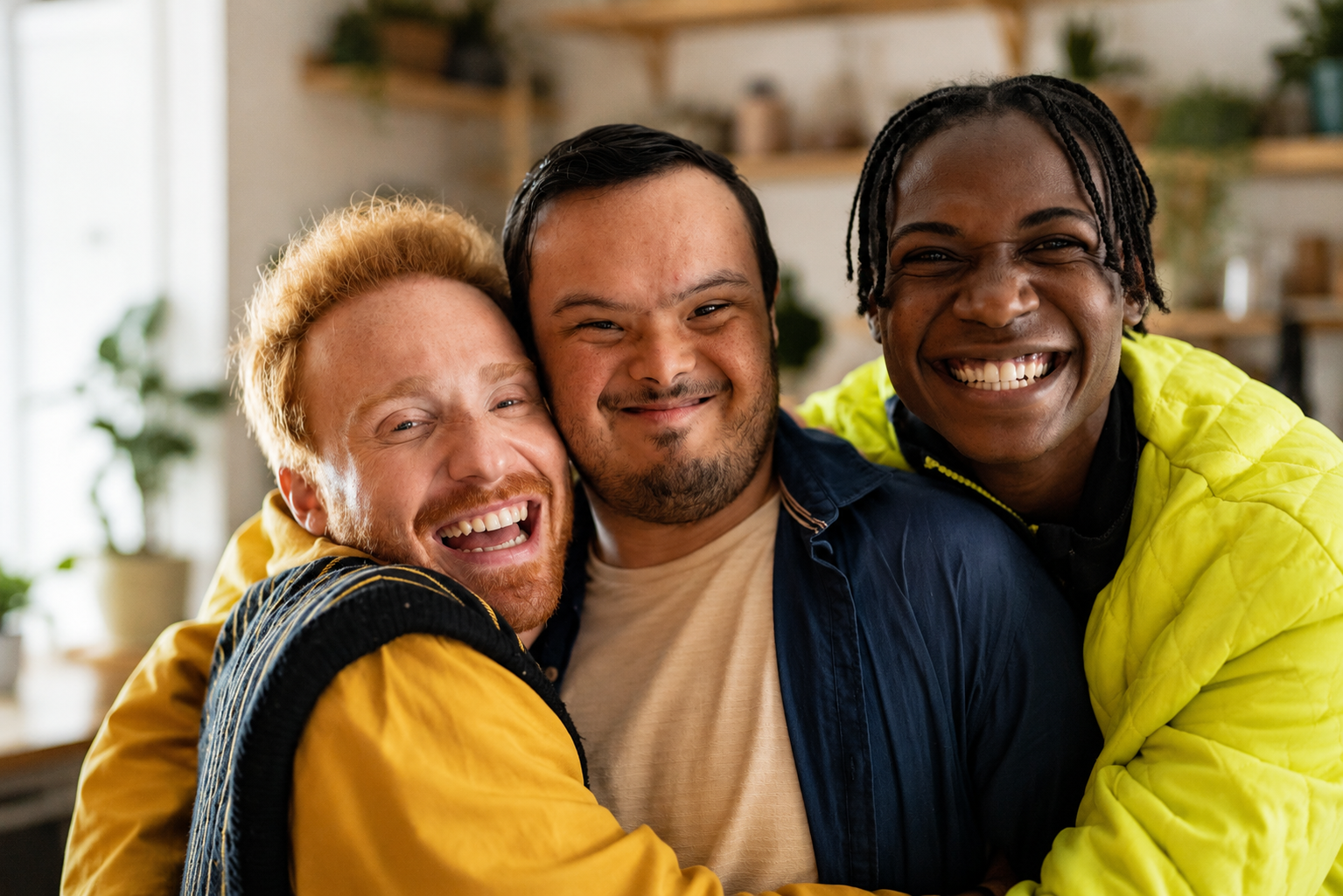 Three friends hugging and smiling in a cozy indoor setting, one with red hair and a yellow jacket, another with black hair and a navy jacket, and the third with braids and a yellow jacket.