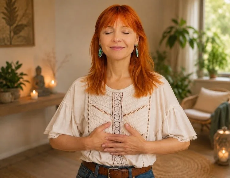 A woman with red hair and eyes closed, smiling gently, with her hands over her chest, standing in a cozy room with plants and candles.