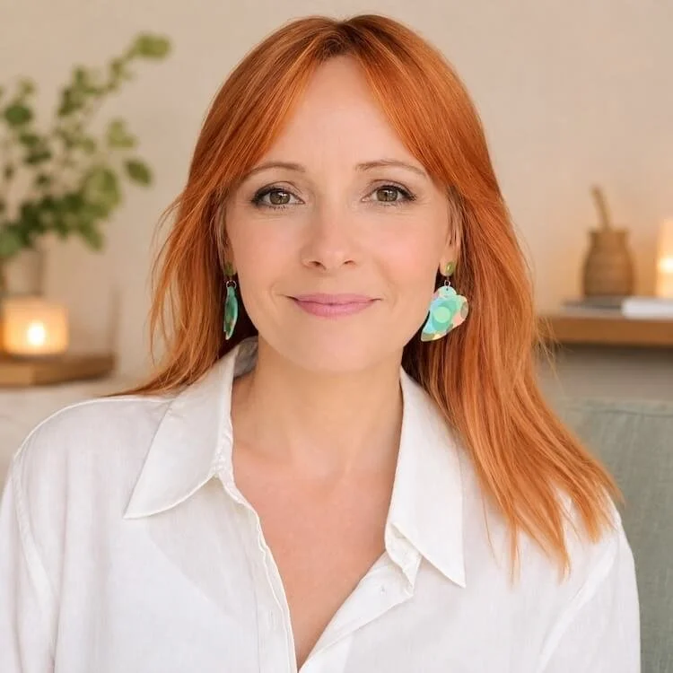 Headshot of a woman with red hair wearing a white collared shirt, smiling in a warmly lit, cozy indoor setting.