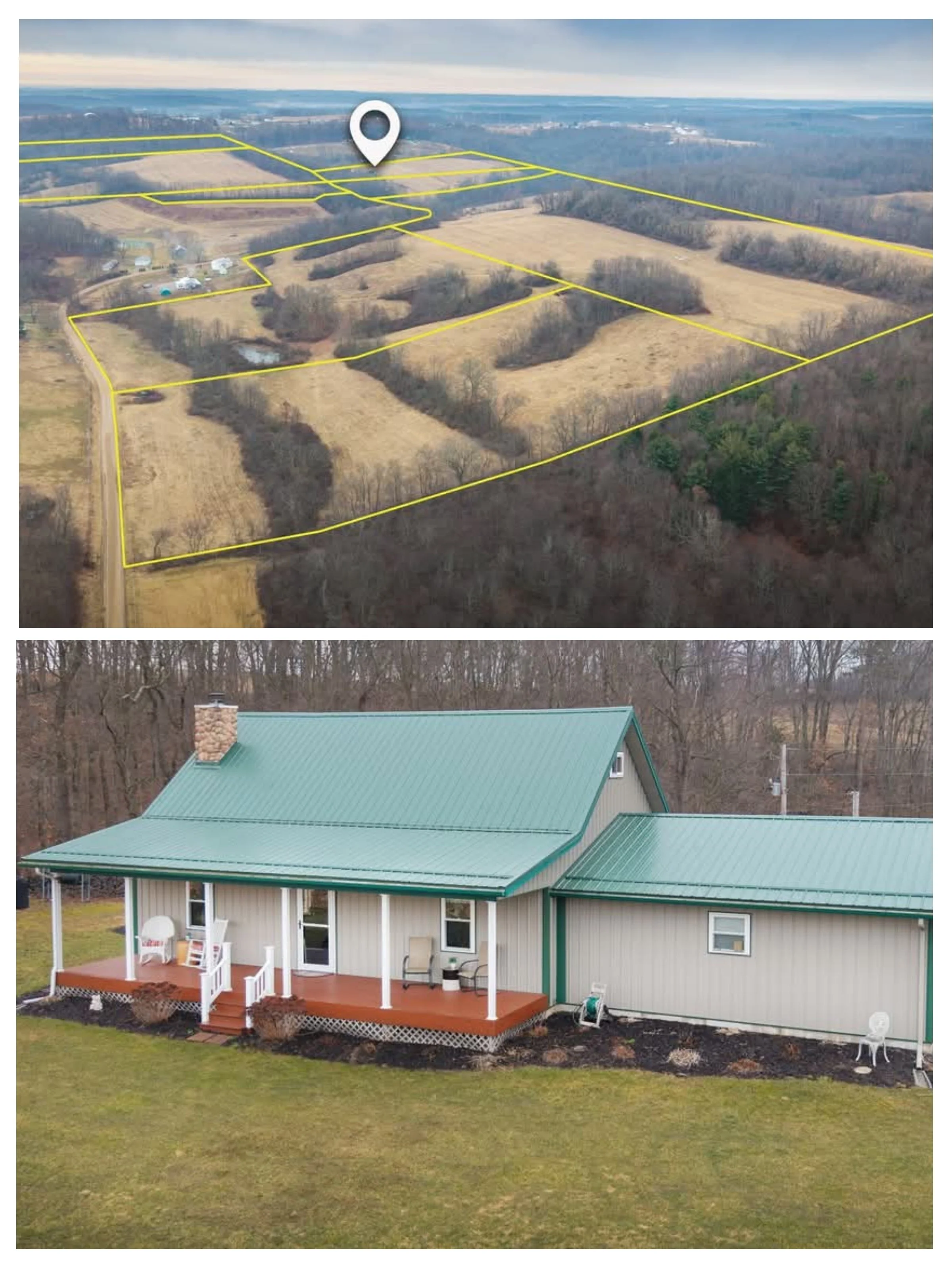 Two images: the first shows a landscape with a rural area, trees, and yellow boundary lines over fields, with a location marker, under a cloudy sky. The second shows a house with a green metal roof, a porch with chairs and tables, and a lawn, with trees in the background.