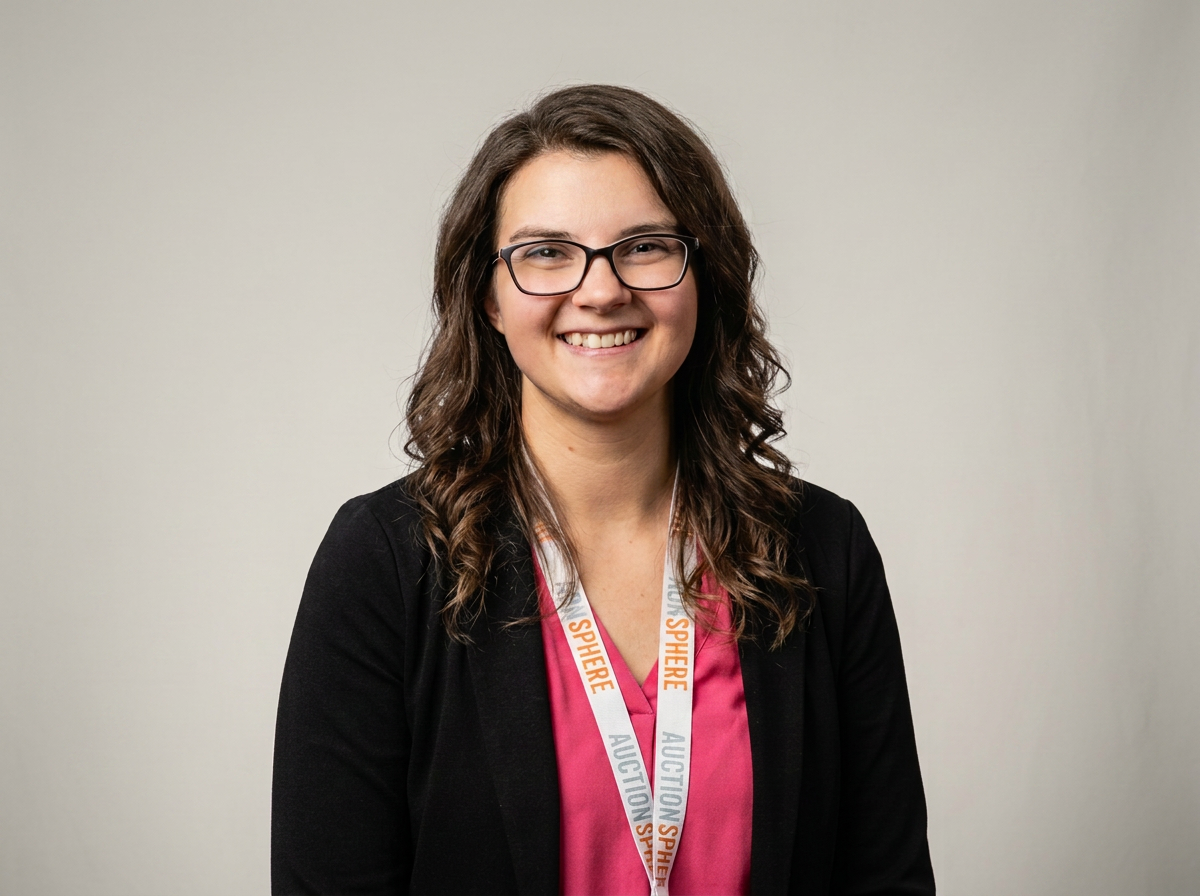 A woman with glasses, shoulder-length curly brown hair, wearing a black blazer over a pink blouse, smiling, with a lanyard that says 'AUCTION SPEAKER' and 'SPEAKER' around her neck, standing against a plain gray background.