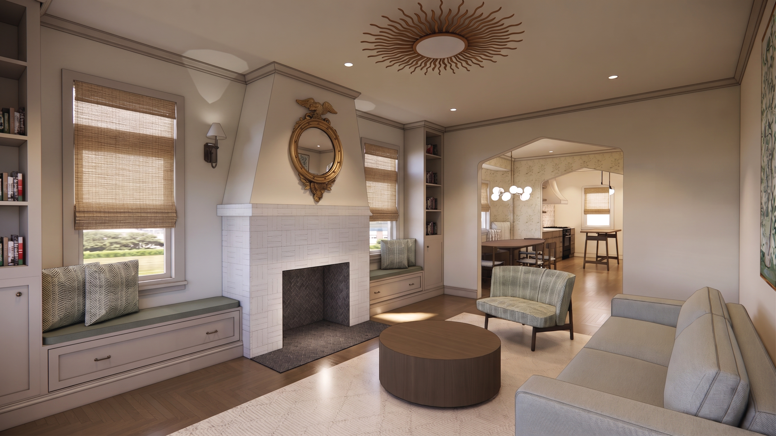 Living room with a white fireplace, built-in bookshelves, and large windows with brown blinds, furnished with a beige sofa, patterned armchairs, a round wooden coffee table, and decorative ceiling lighting.