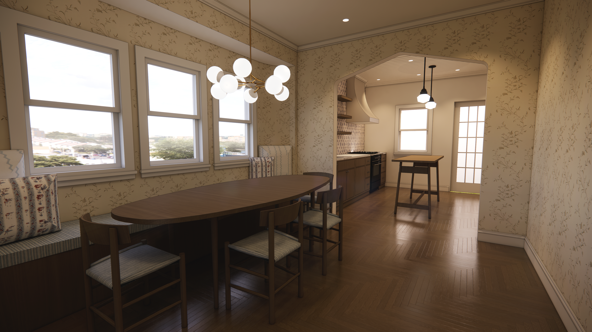 A cozy kitchen and dining area with multiple windows, floral wallpaper, wooden furniture, a hanging light fixture, and a small table by a door with glass panels.