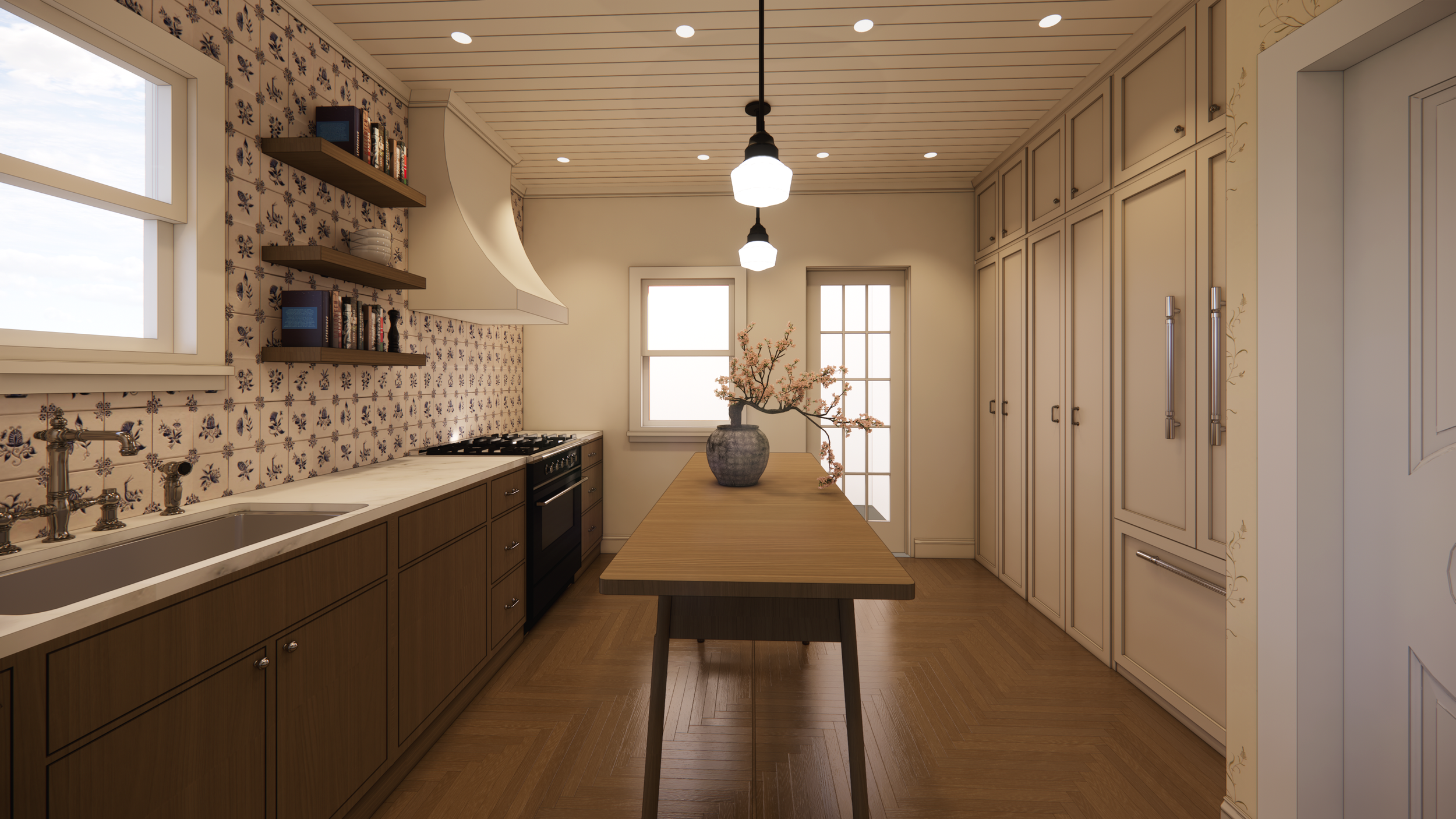 A cozy kitchen with wooden cabinets, a tiled backsplash with blue floral patterns, a central wooden island with a vase of pink blossoms, white ceiling with recessed lighting, window, and a door with glass panes.