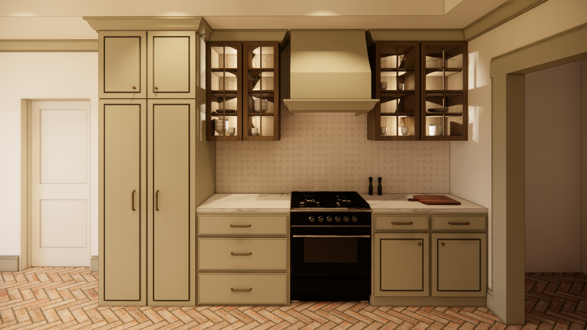 Kitchen with cream-colored cabinets, open glass-front upper cabinets, black stove, and brick-patterned floor.