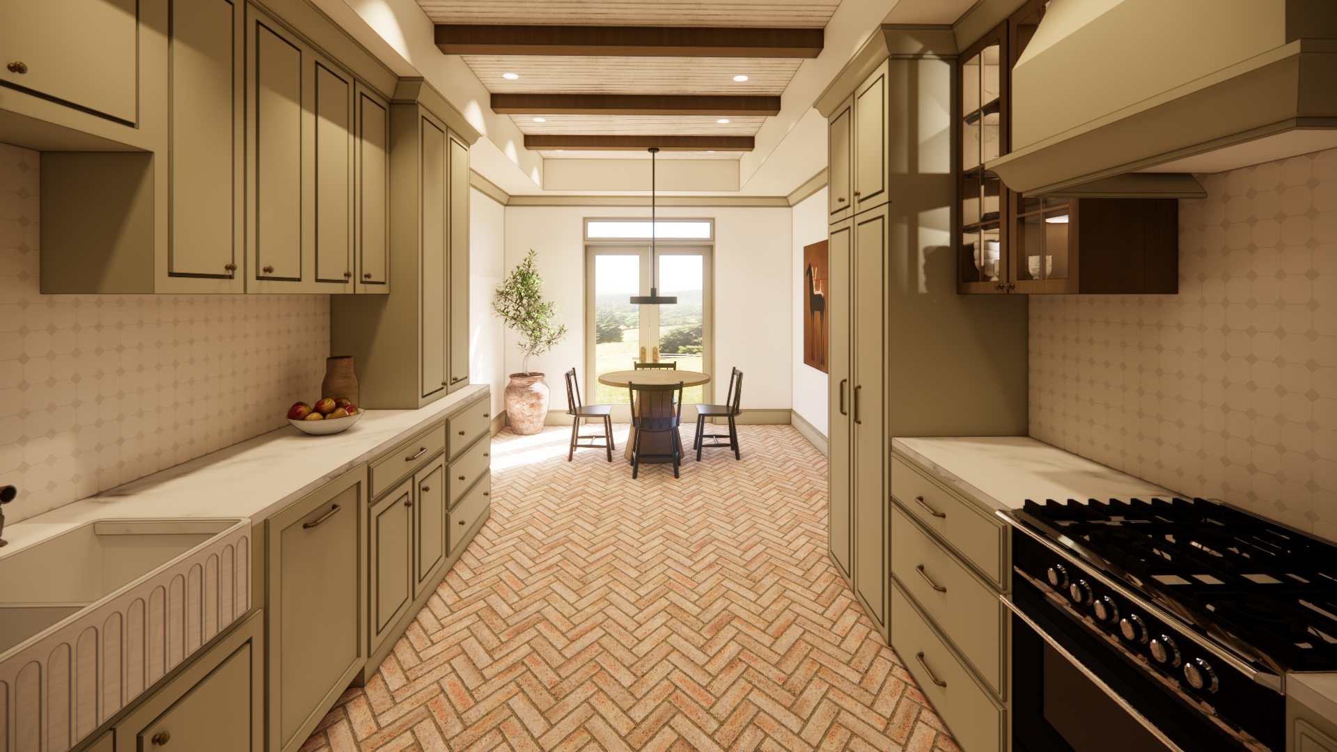A spacious kitchen with beige cabinets, a brick-patterned floor, and a small dining area with a window view.
