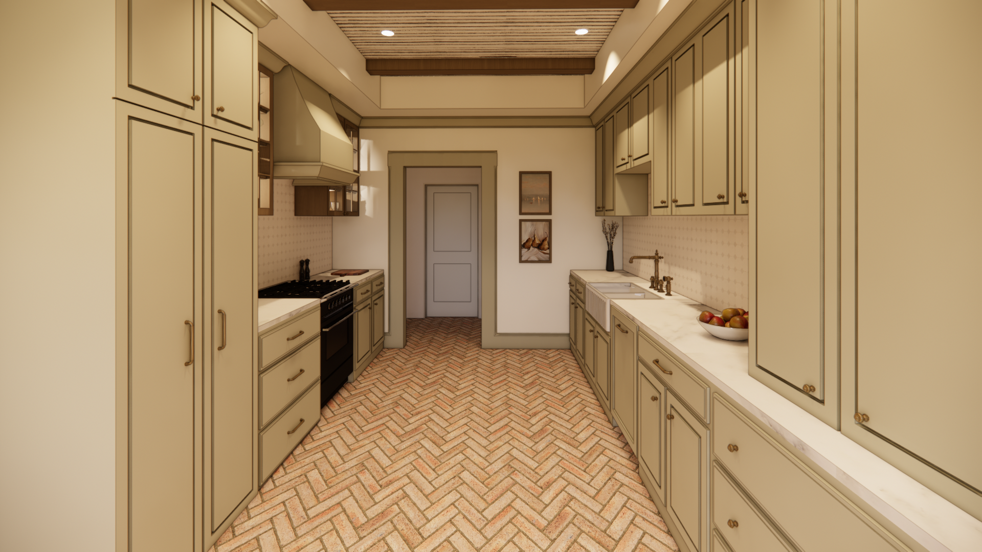A spacious, vintage-style kitchen with cream-colored cabinets, a black stove, a double sink, and a bowl of apples on the counter. The floor is brick-patterned, and there's artwork on the wall.