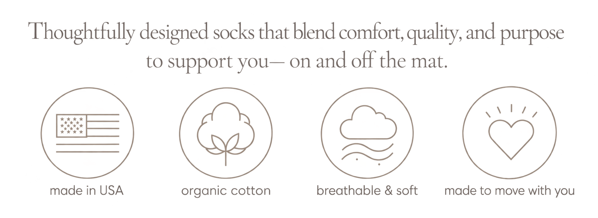 Image showing four round icons with text describing socks made in the USA, organic cotton, breathable and soft, and made to move with you.