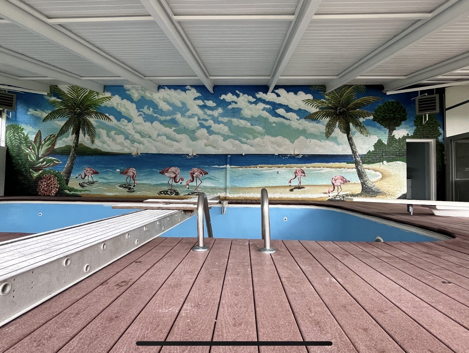 Indoor swimming pool with a mural of a tropical beach scene, palm trees, flamingos, and a partly cloudy sky on the wall behind.