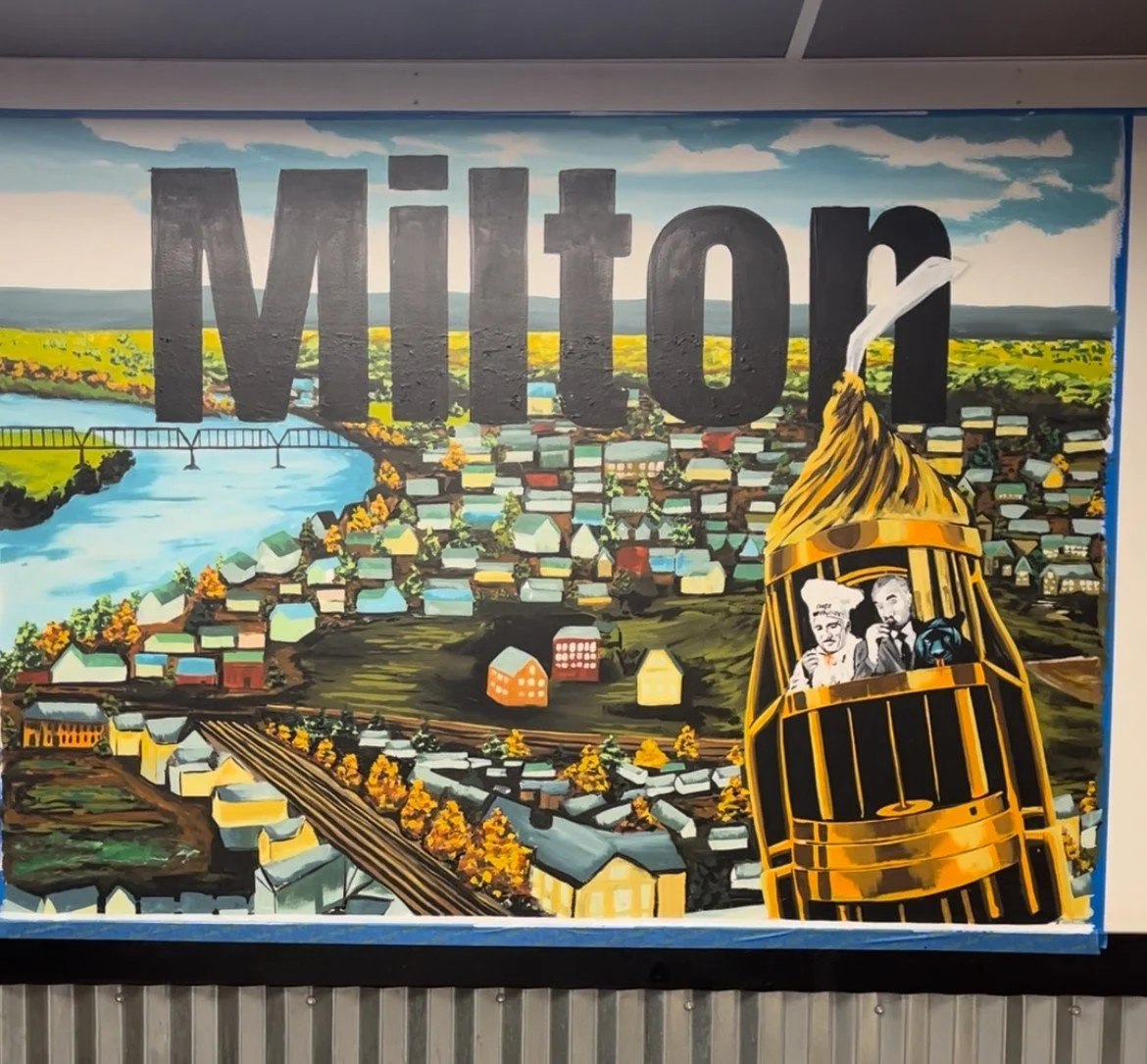 Colorful mural featuring the word 'Miton' with a landscape of a town, river, and bridge in the background, and a yellow steam train with two passengers and a dog in the foreground.