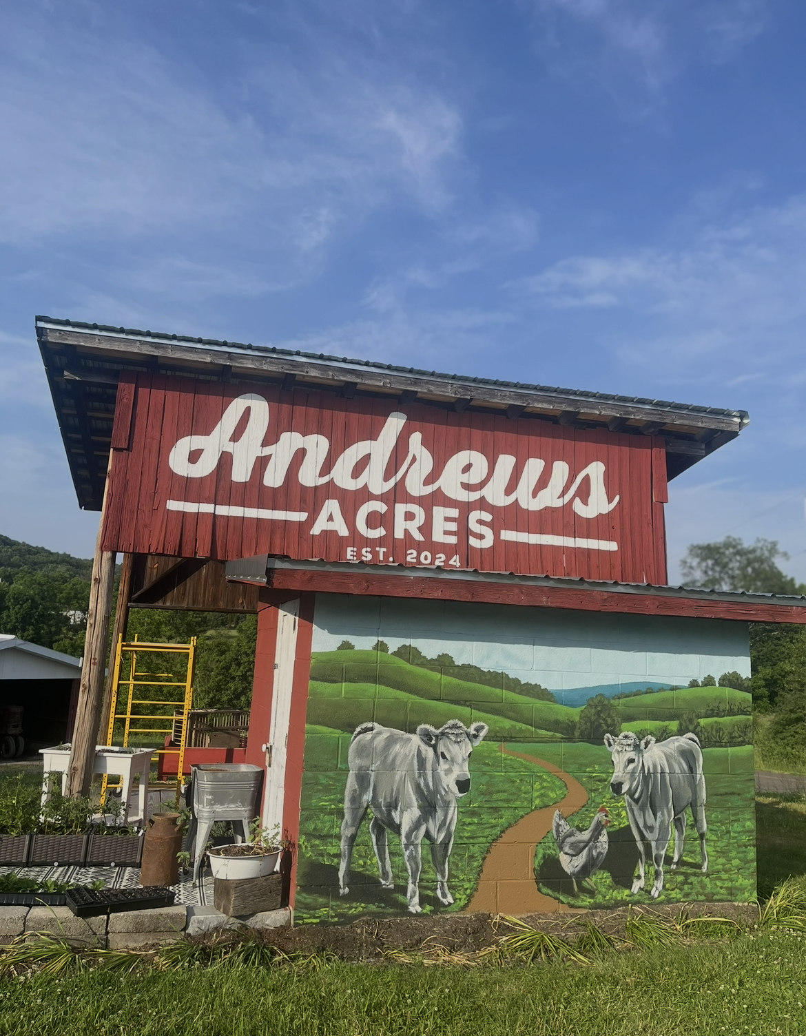 A red barn with a painted mural of cows, a chicken, and green rolling hills. The barn has a sign reading 'Andrews Acres Est. 2024'.