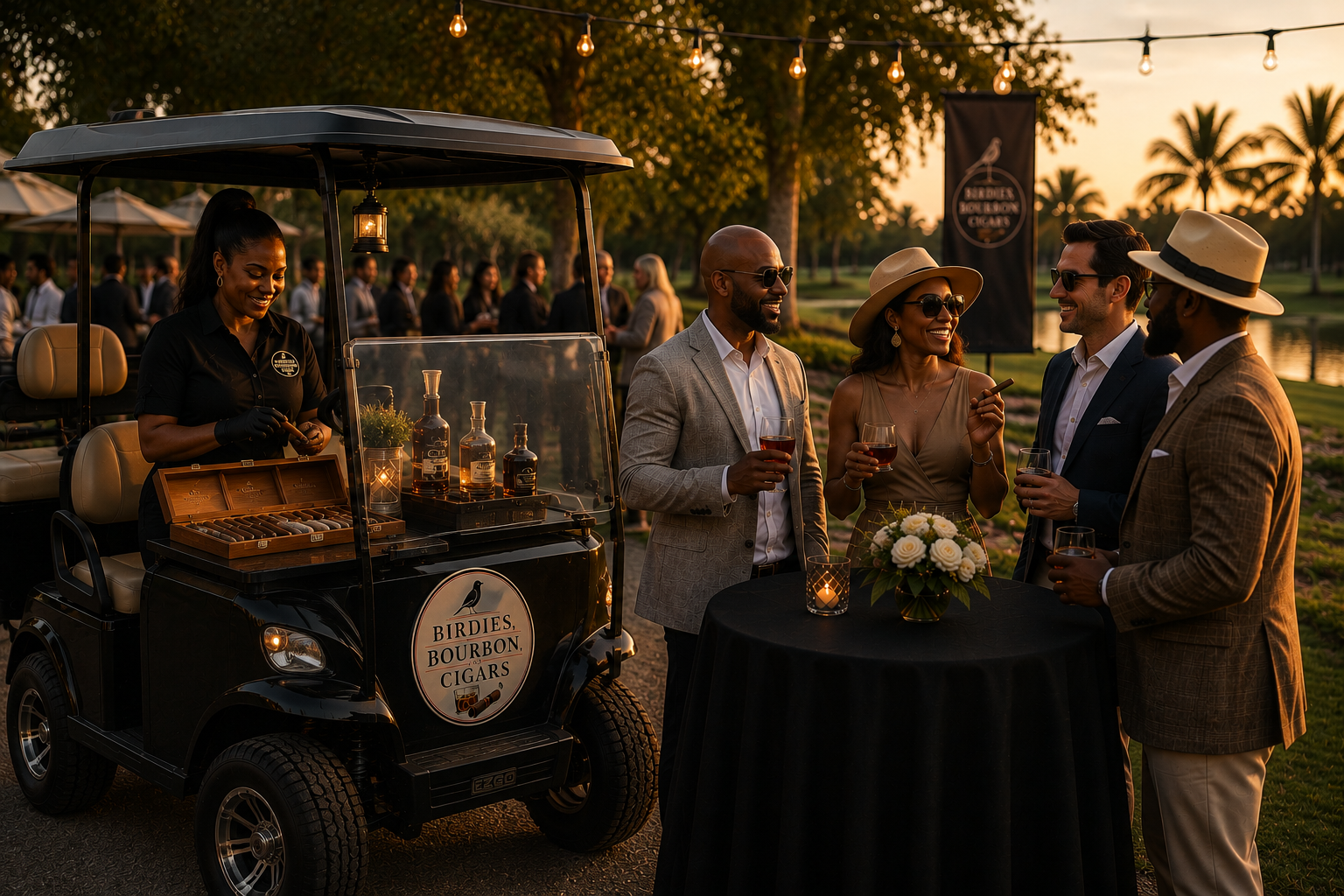 People at an outdoor event enjoying drinks and conversation during sunset. There is a golf cart with a sign that reads "Birdies, Bourbon, and Cigars."