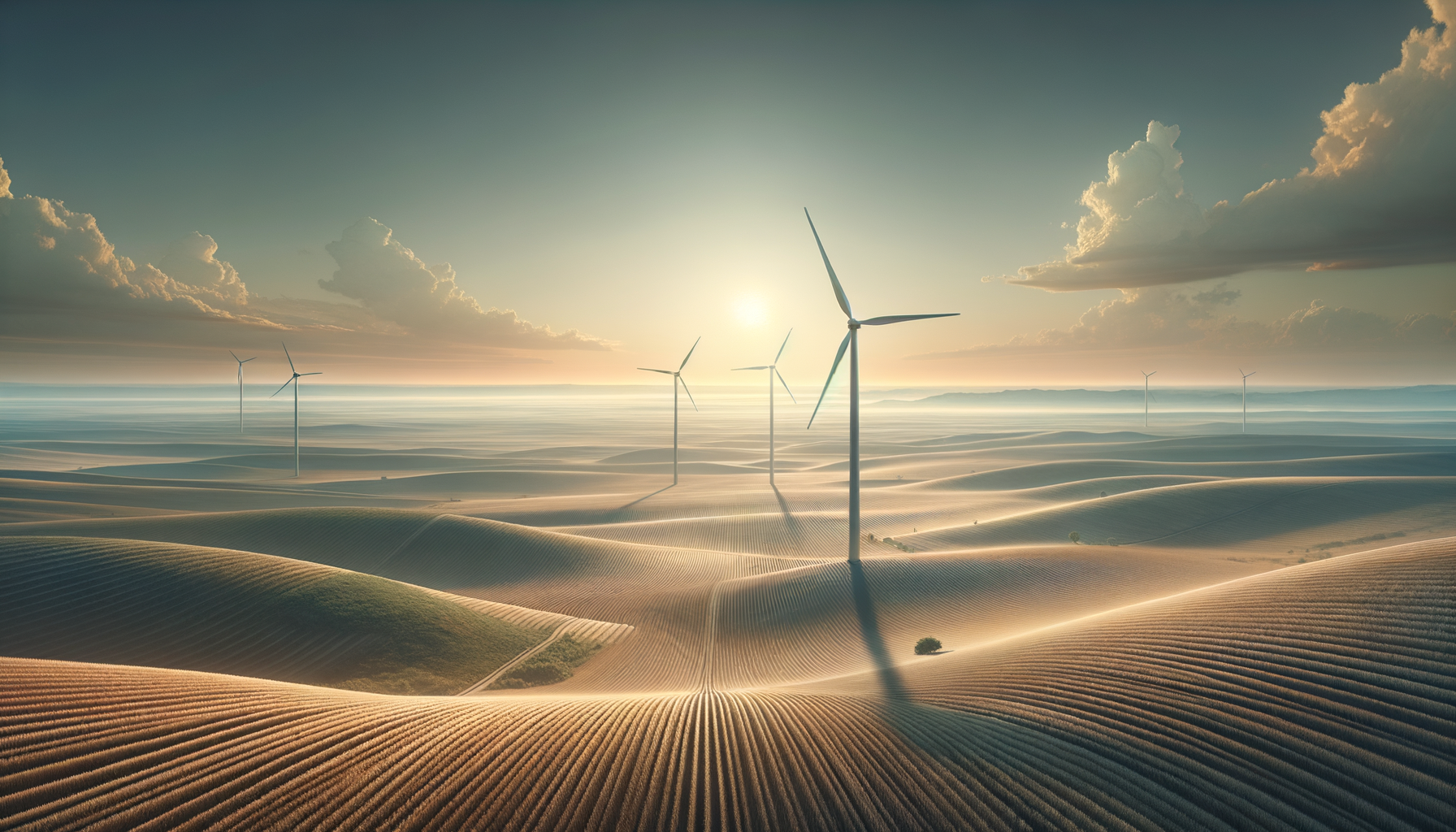 Wind turbines on rolling hills beneath a cloud-filled sky at sunset.