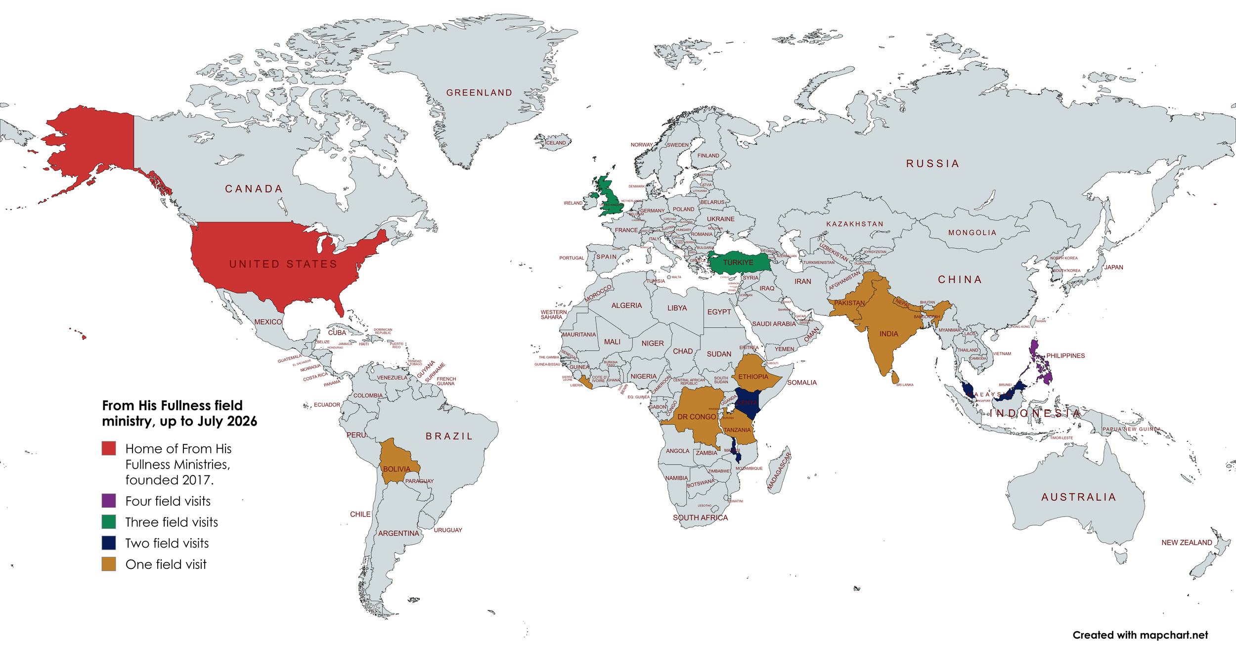 World map with countries marked in different colors representing the number of field visits from his fullness field ministry up to July 2026. Red indicates countries home to his fullness ministries founded in 2017, green shows countries with three field visits, purple with four visits, dark blue with two visits, and brown with one visit.