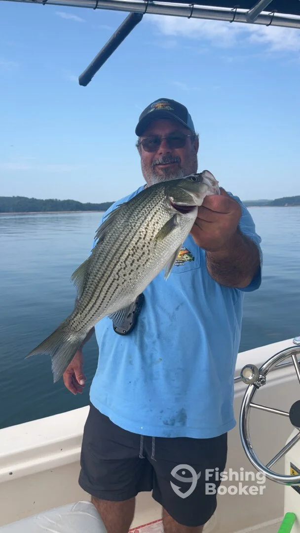 A man on a boat holding a large striped bass he caught, with water and a distant shoreline in the background.