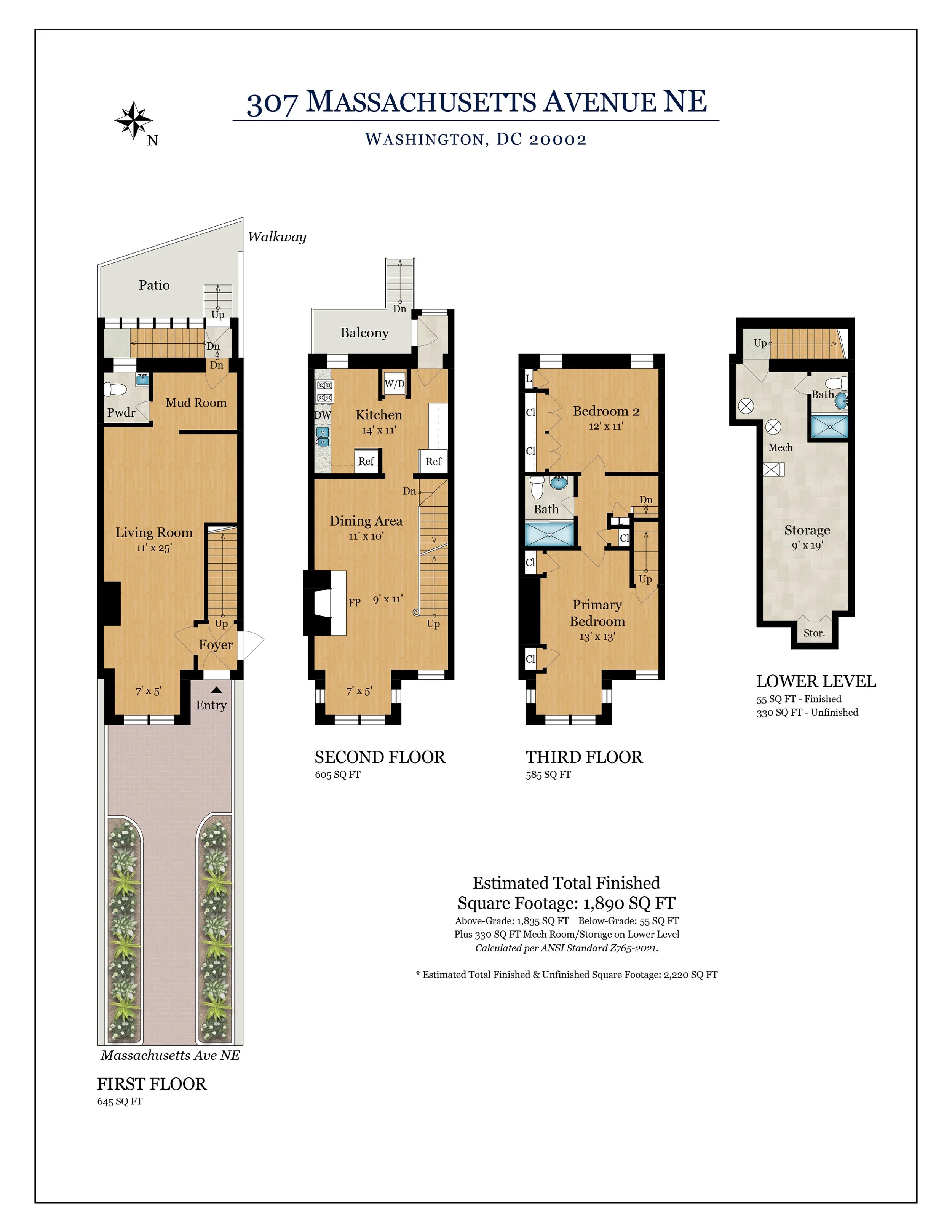 Floor plan of a multi-story house with a garden, patio, and landscaped walkway. The house includes various rooms such as a living room, foyer, kitchen, dining area, bedrooms, bathrooms, and storage areas across different floors.