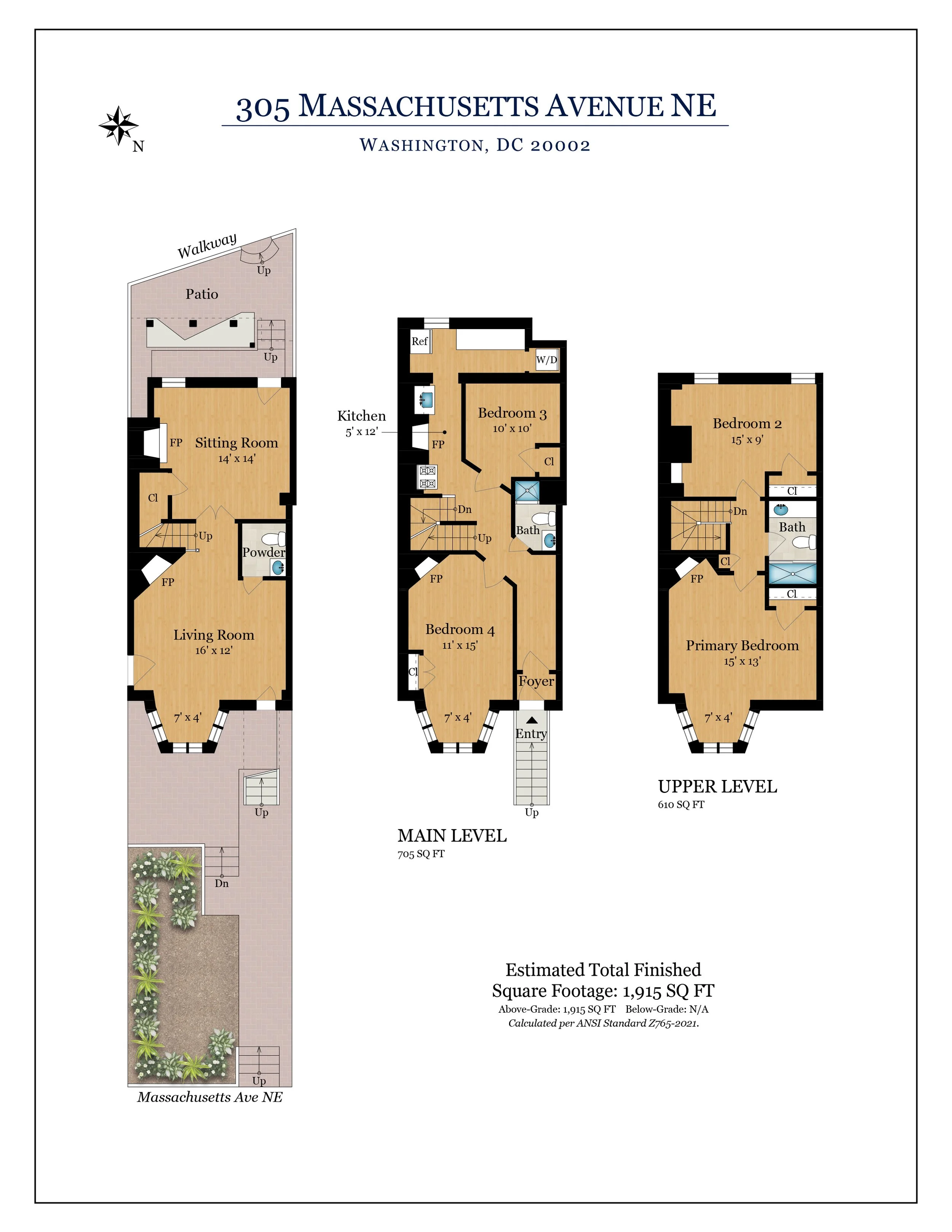 Floor plan of a house with three levels, showing room layouts, measurements, and features such as fireplaces, stairs, bathrooms, a patio, and a landscaped garden area outside. The main level includes a living room, foyer, and stairs leading to the upper levels. The upper level has bedrooms, bathrooms, and closets, with some rooms having fireplaces and walk-in closets.