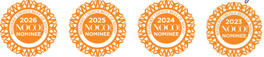Four orange award badges labeled 'NOCO Nominee' for the years 2023, 2024, 2025, and 2026.