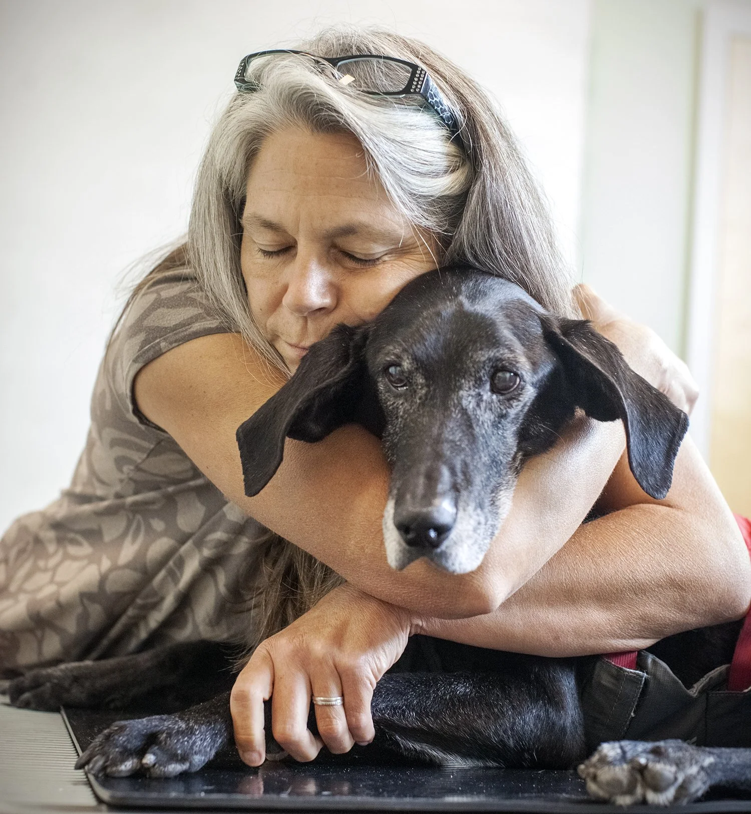 A woman with gray hair and glasses on her head hugging a black and gray dog with floppy ears. The woman has her eyes closed and appears emotional.
