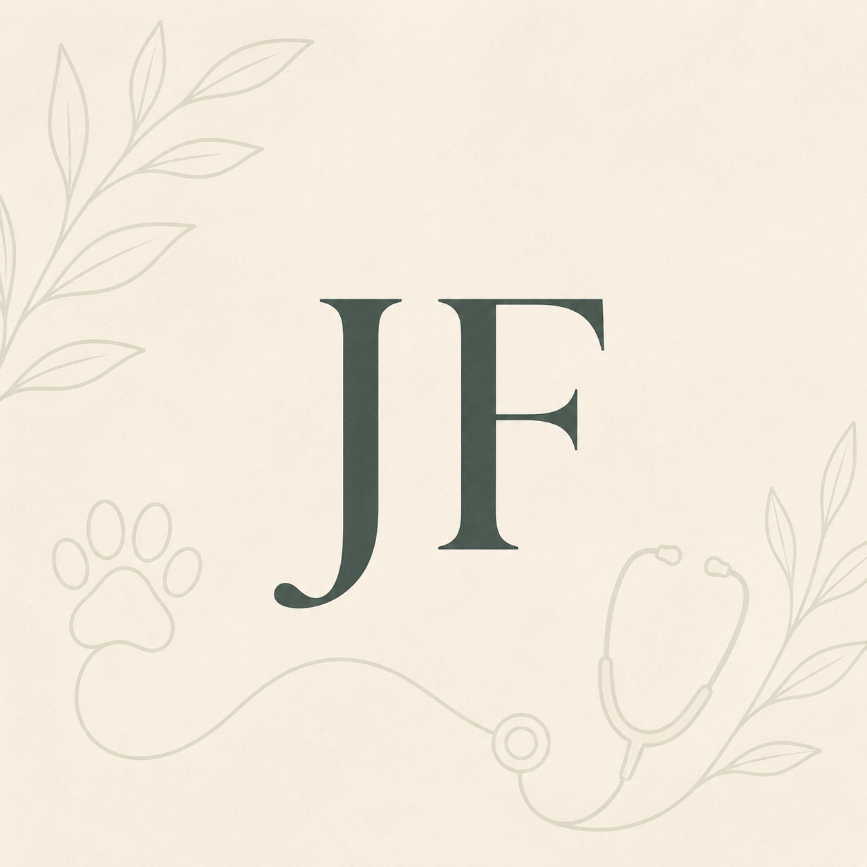 Beige background with the initials "JF" in large dark green letters, decorative leaves, a paw print, and a stethoscope outline.