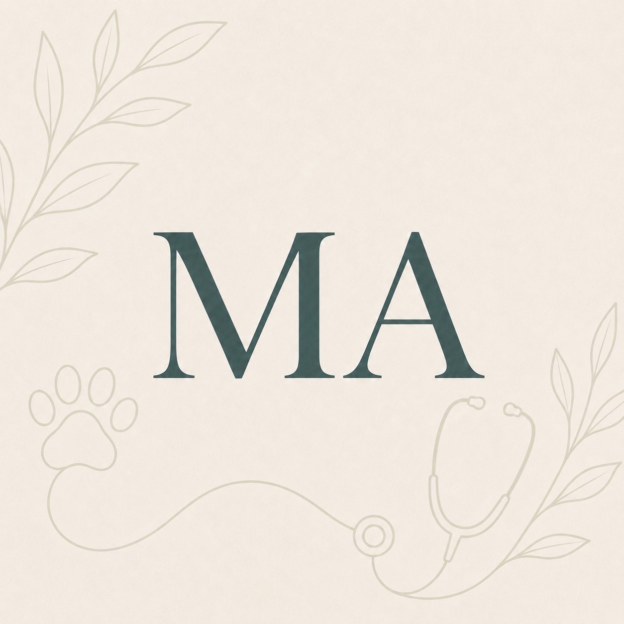 A beige background with the large initials "MA" in dark green in the center. Light, outlined illustrations of a paw print, a stethoscope, and botanical leaves decorate the background.
