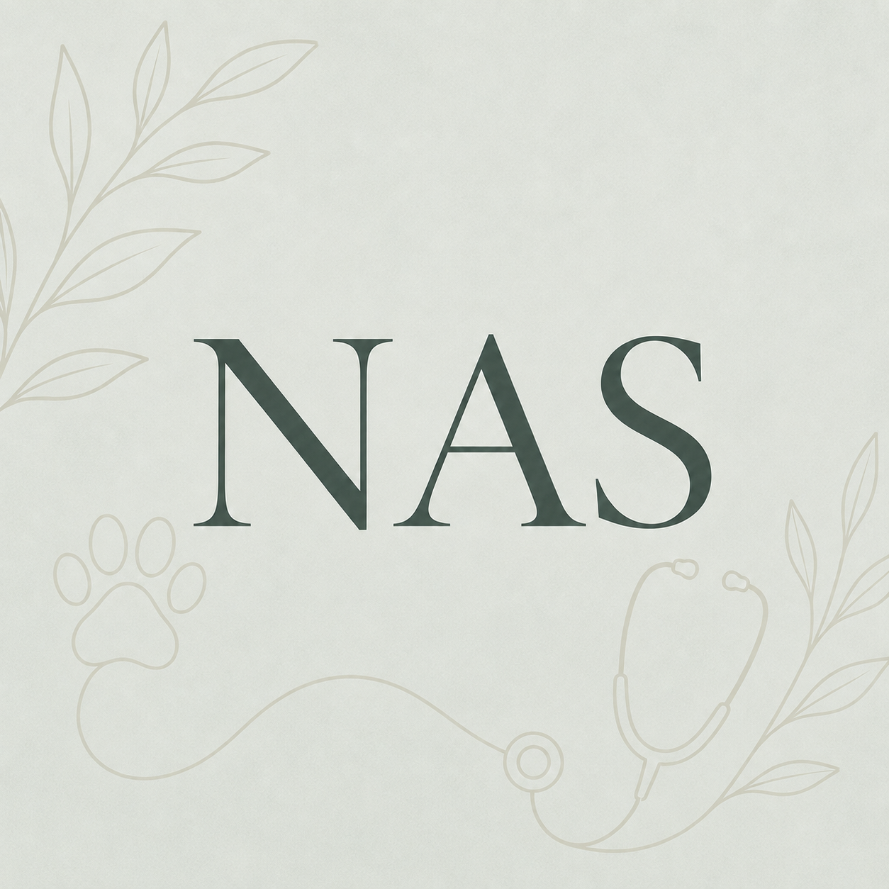 Design with the word 'NAS' in large font, surrounded by faint line drawings of leaves, a paw print, and a stethoscope on a light background.