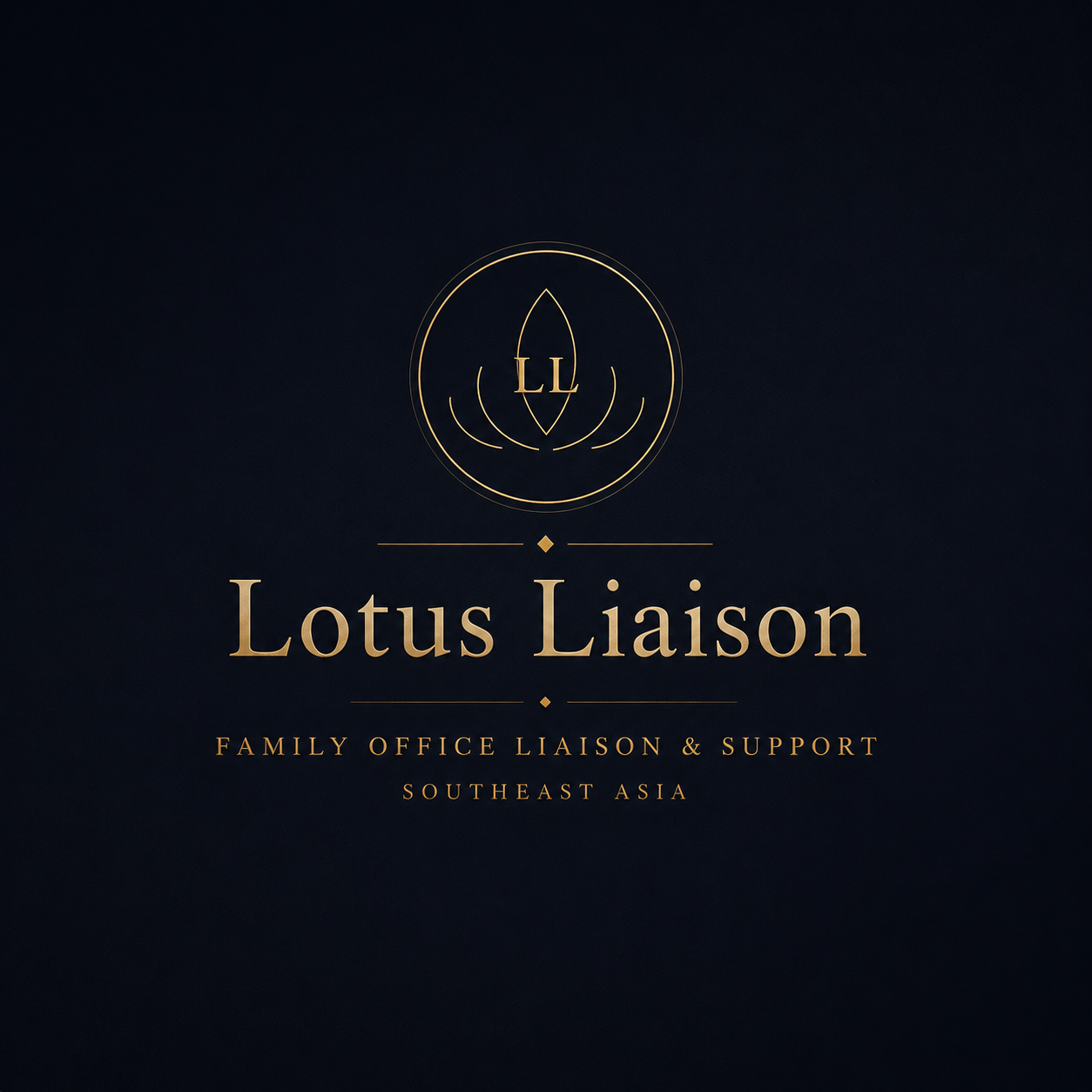 Logo for Lotus Liaison, a family office liaison and support service in Southeast Asia, featuring a gold emblem with the initials LL and elegant text on a dark background.