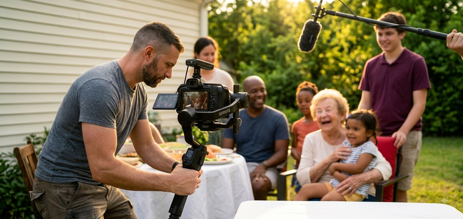 A group of people having a gathering outside, a cameraman filming a woman and young girl smiling, with a boom microphone overhead.