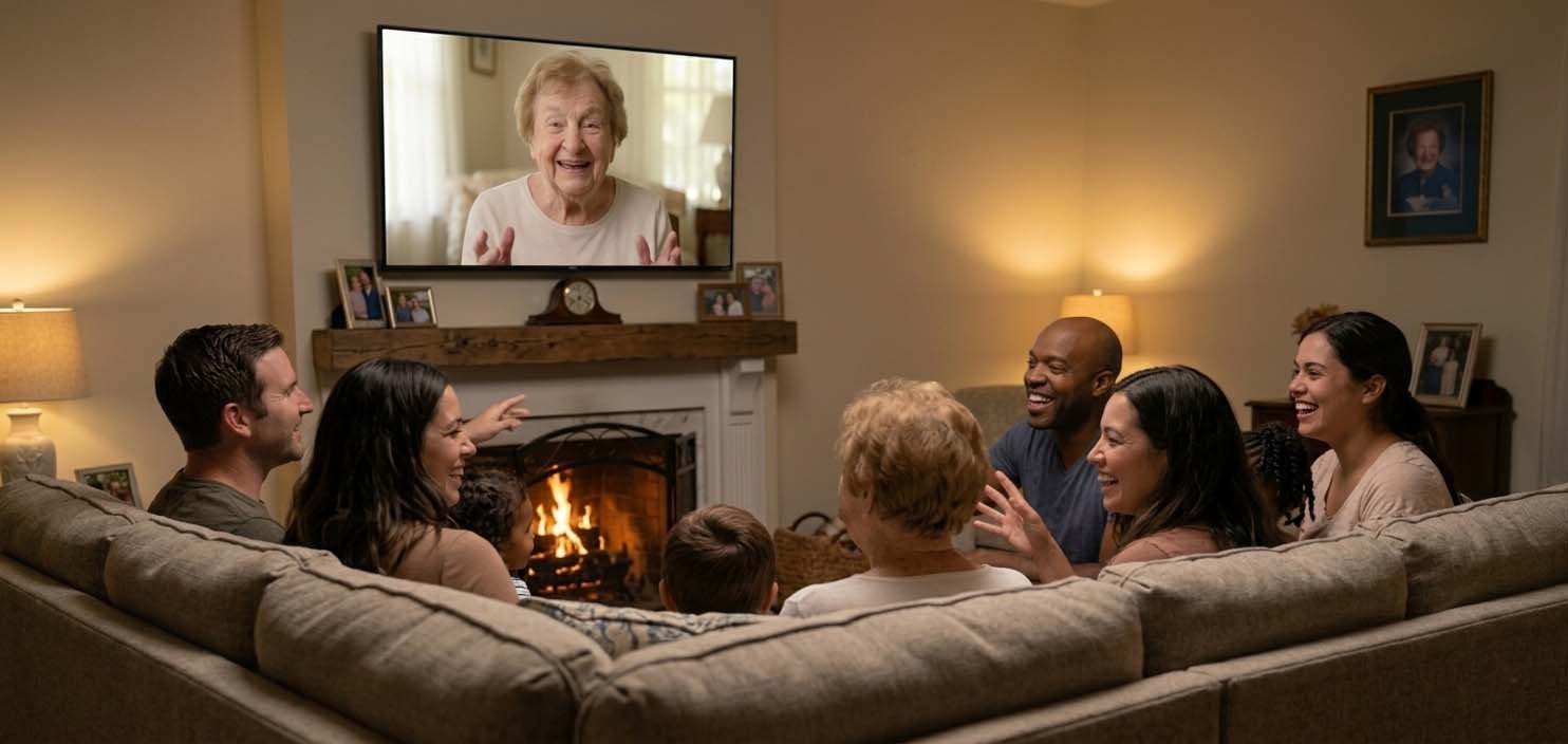 A family of seven sitting on a beige couch in a living room, watching their finished EverKeep Stories video on a large TV screen above a fireplace. The family is laughing and enjoying their time together.