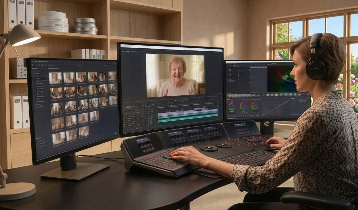 A woman sitting at a video editing workstation with three monitors, editing a video with an elderly woman on the central screen, while the other screens show video clips and editing tools.
