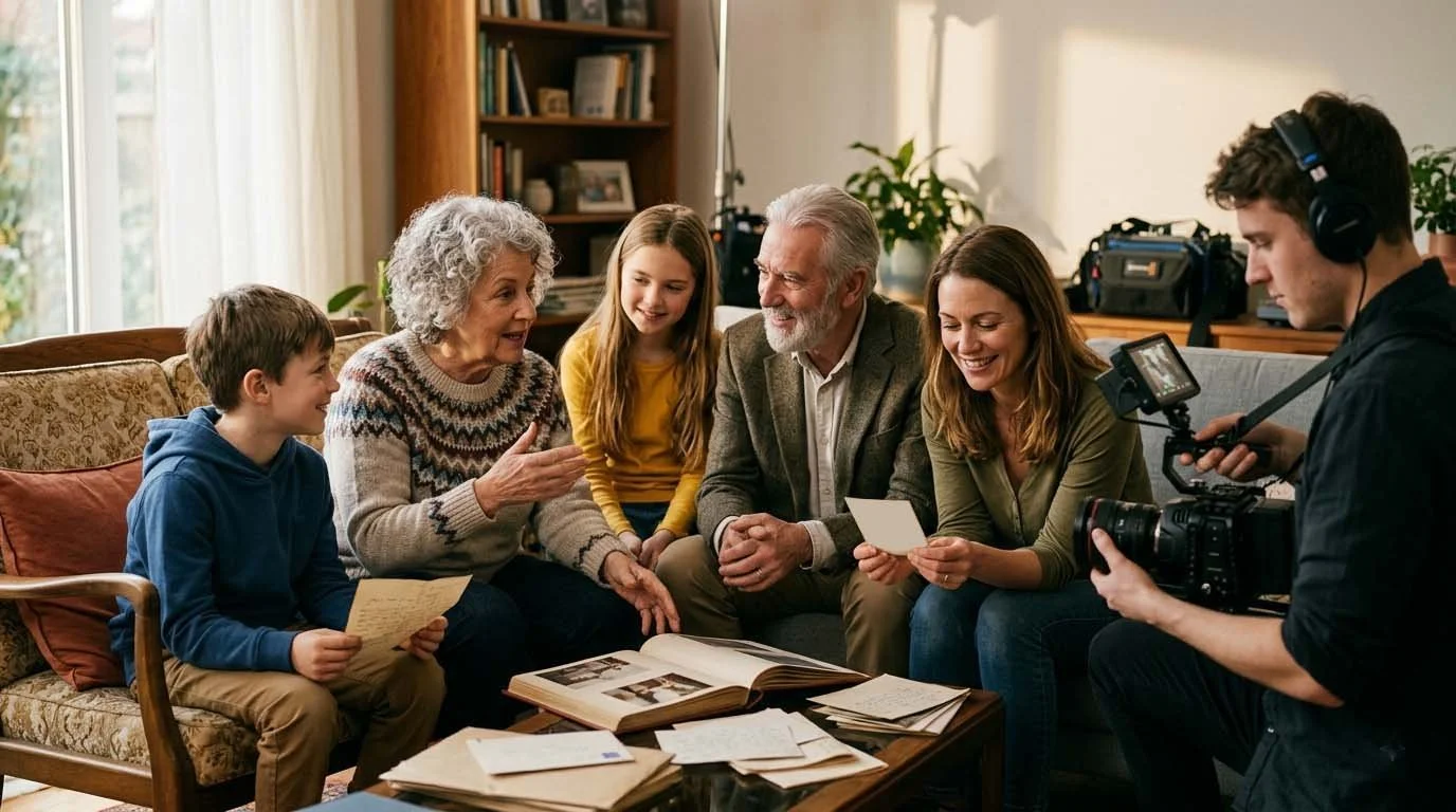 Family sitting on a sofa in a cozy living room during an interview, with a cameraman filming them. The family includes an elderly woman, two adults, and two children, engaging in conversation and looking at photographs.