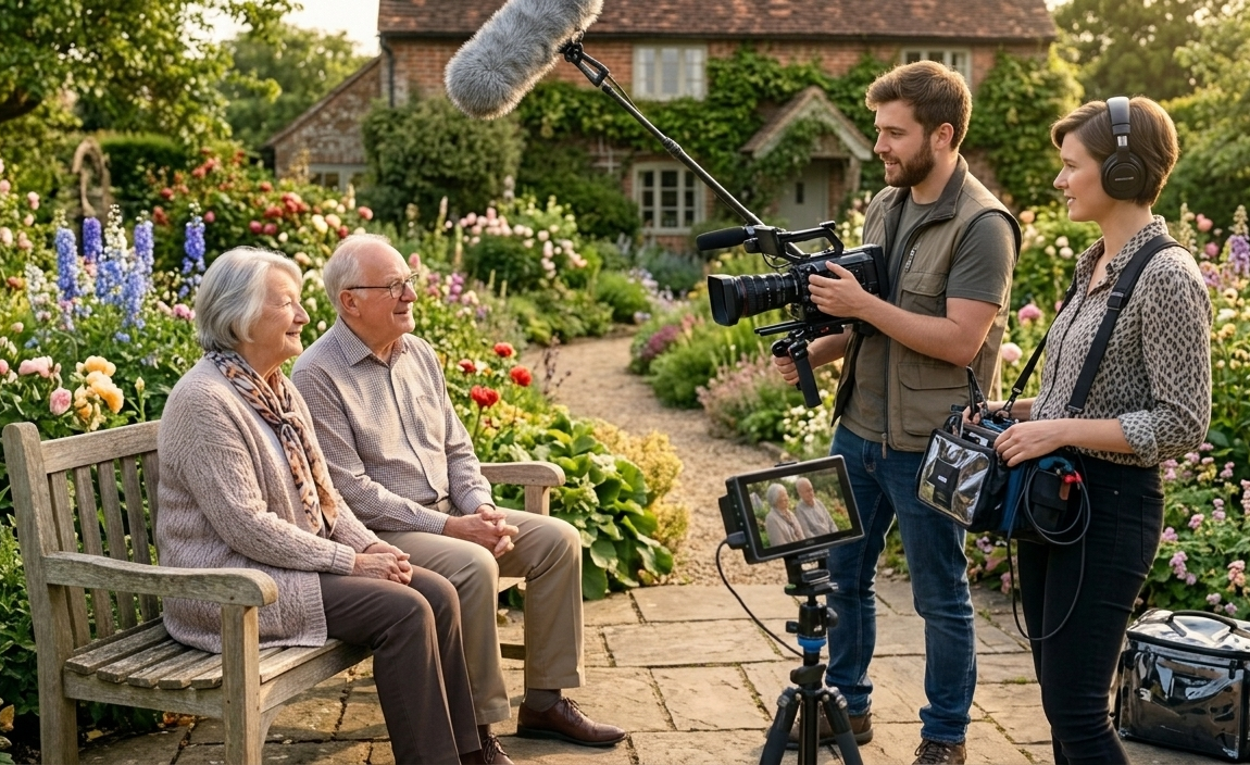 A man and woman interview an elderly couple sitting on a garden bench in a lush, colorful garden during sunset, while filming with professional video equipment.