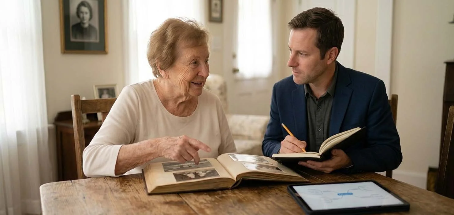An elderly woman and a EverKeep Stories Story Architect sit at a wooden table, looking at photo albums and talking. The woman is smiling and pointing at photo albums, the man is taking notes in a notebook.