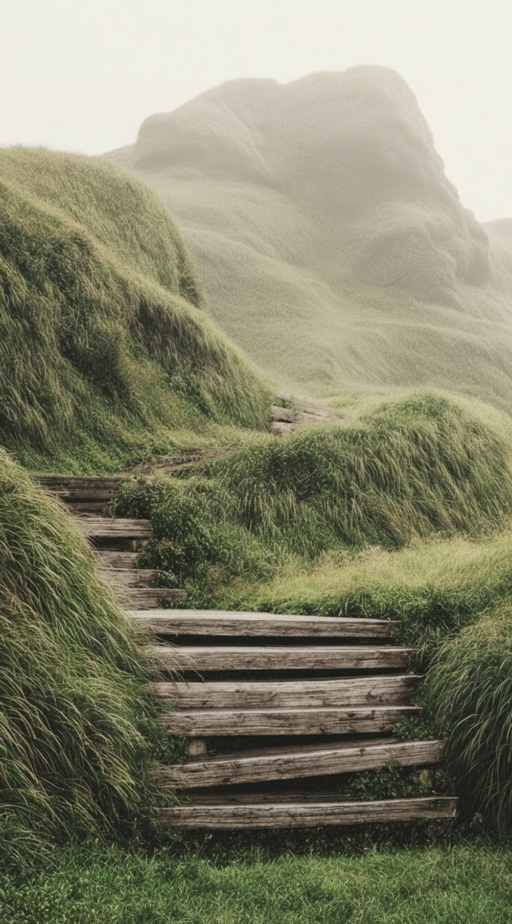 A winding wooden staircase leading up lush green grass and moss-covered hills with a foggy mountain background.