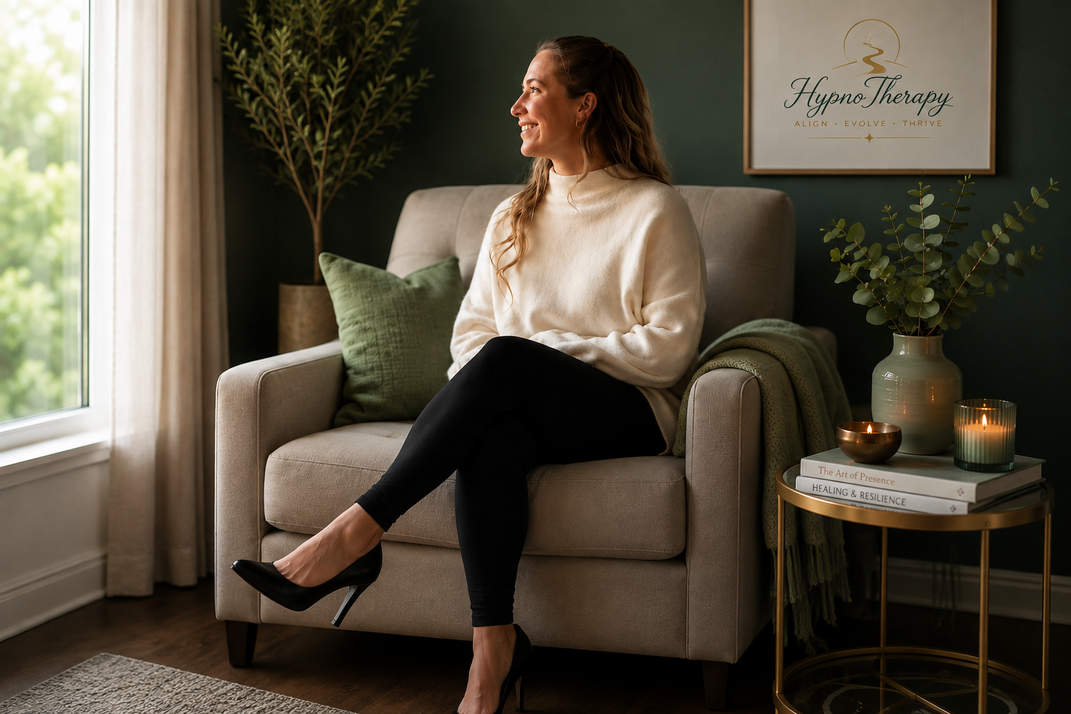 A woman sitting on a beige sofa in a well-lit room, smiling and looking out the window. There are two green cushions on the sofa, and a side table with books, candles, and a vase with greenery. A framed sign that reads "Hypno Therapy" hangs on the dark green wall behind her.