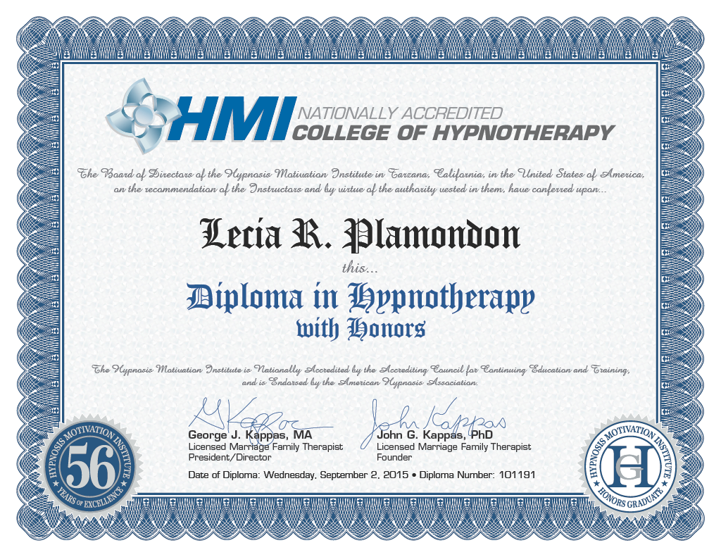 Diploma from the College of Hypnotherapy awarded to Leia R. Plamondon, signed by George J. Kappas and John G. Kappas, with a blue ornate border and certification seals.