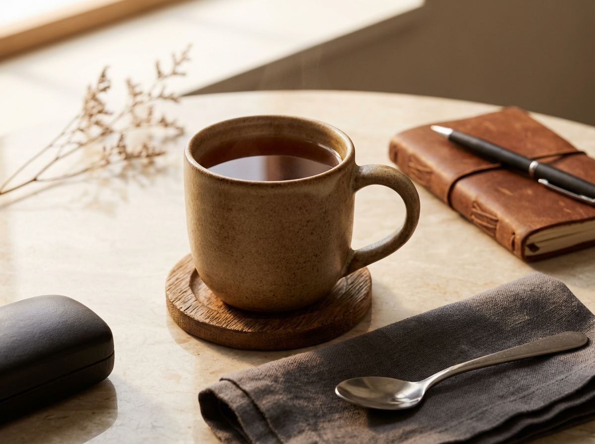 A beige ceramic mug filled with coffee on a wooden coaster, on a table with a gray napkin and spoon, an old brown leather notebook with a black pen on top, a black object, and some dried decorative plants in the background.