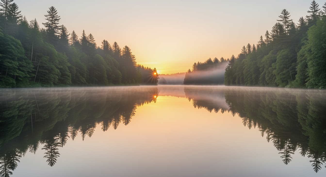 Sunrise over a calm lake with mist rising, surrounded by dense green forests, and a clear reflection in the water.
