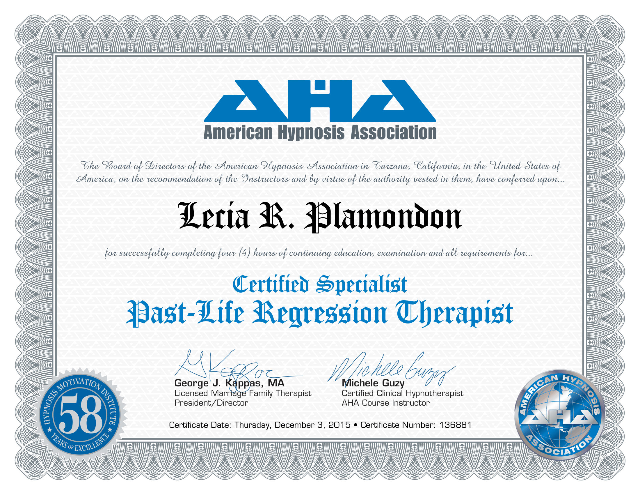 A certificate awarded to Lería R. Plamdon for completing 40 hours of Past-Life Regression Therapist training from the American Hypnosis Association, dated December 3, 2015.