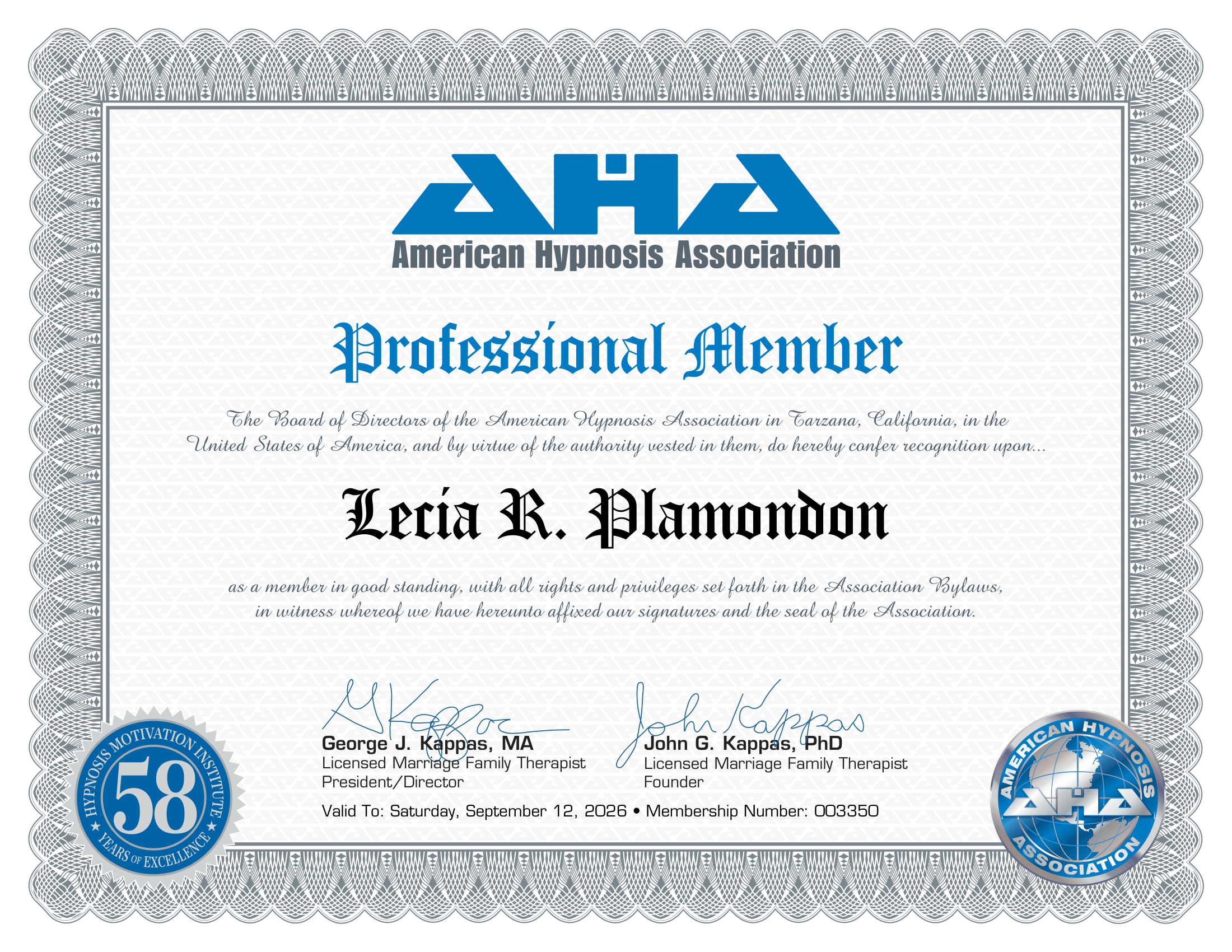 Professional member certificate from the American Hypnosis Association awarded to Leria R. Mamondin, signed by George J. Kappas, MA, and John G. Kappas, PhD, valid until September 12, 2026.