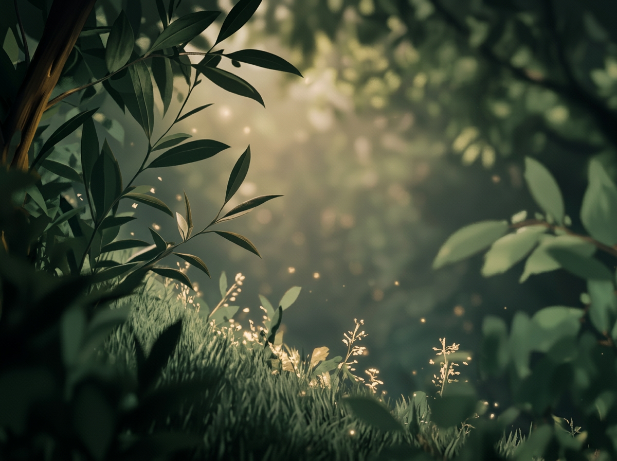 Sunlight filters through dense green foliage, illuminating small plants and grass at ground level with a soft glow in a lush forest setting.