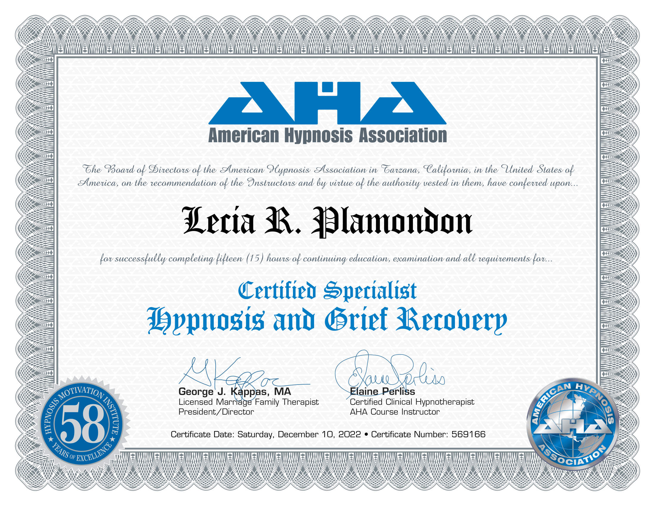 Certificate from the American Hypnosis Association awarded to Lerisa R. Plamondon for completing 15 hours of continuing education in hypnotherapy and grief recovery, dated December 10, 2022.
