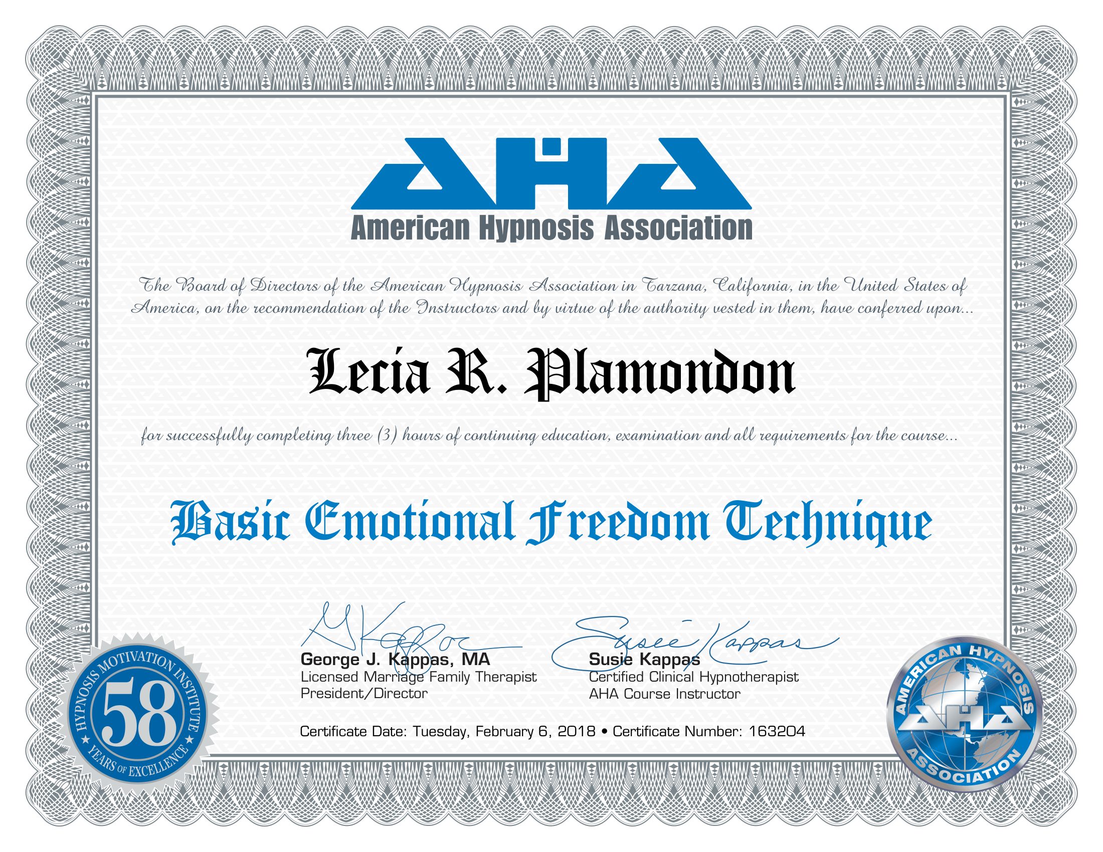 Diploma certificate from the American Hypnosis Association awarded to Lucia R. Mamondon for completing a Basic Emotional Freedom Technique course, signed by George J. Kappas and Susie Kappas, dated February 6, 2018, with a certificate number 163204.