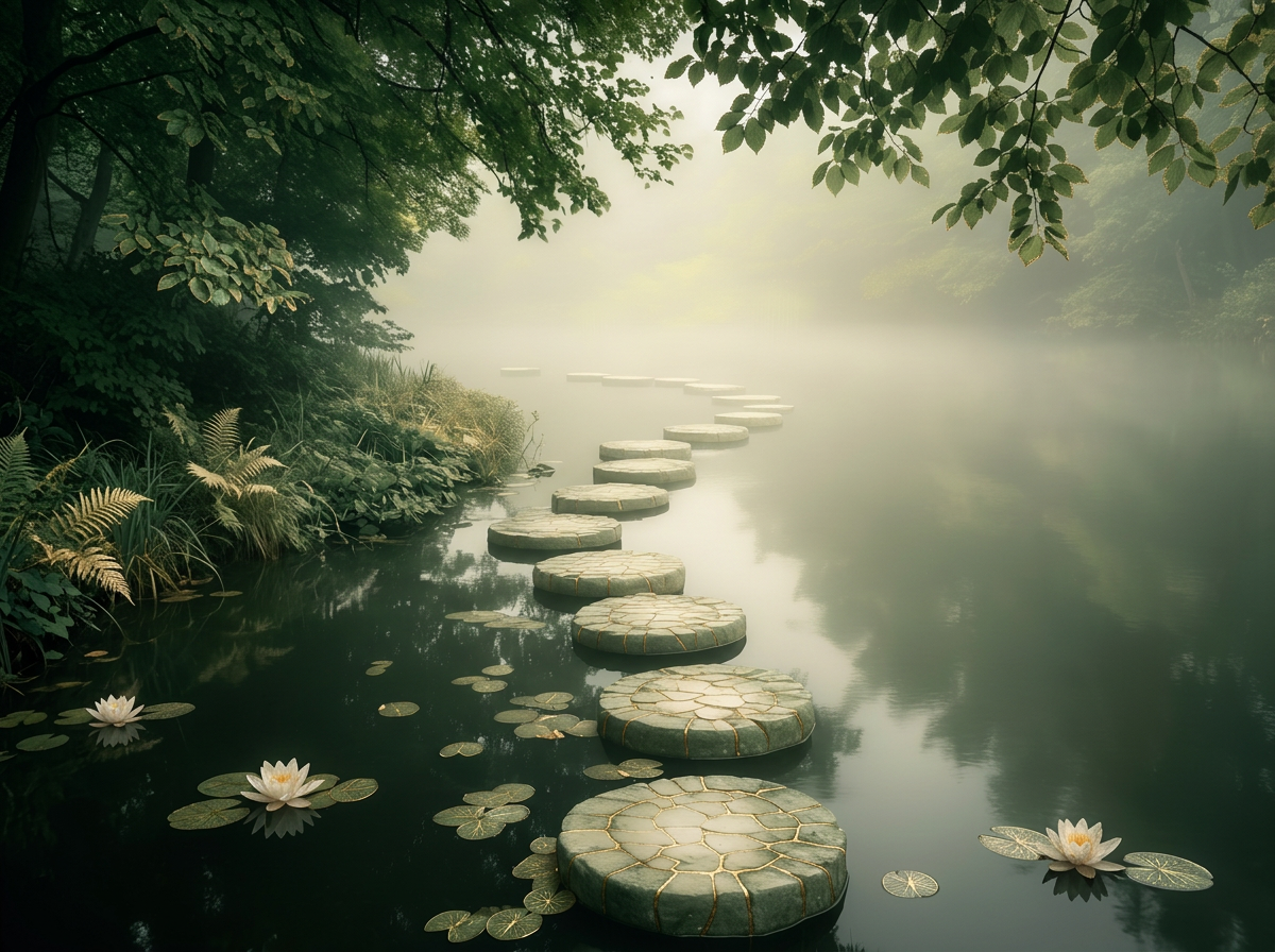 A misty, serene river scene with a pathway of round stepping stones leading across the water, surrounded by lush green trees, plants, and water lilies.