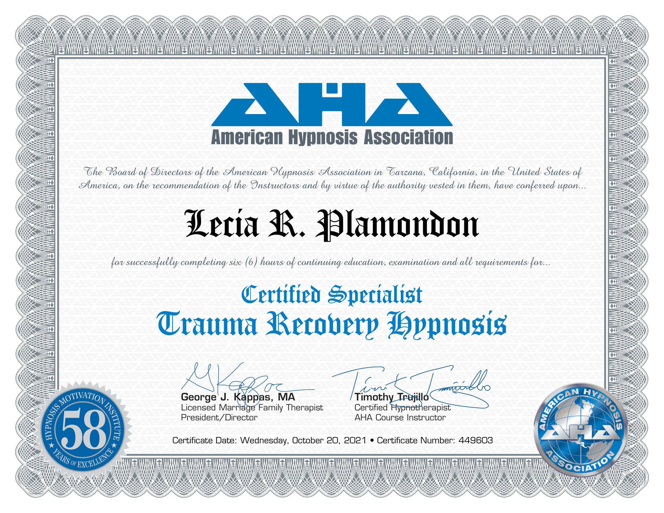A certificate from the American Hypnosis Association awarded to Lecia R. Plamondon for completing trauma recovery hypnosis training, dated October 20, 2021.