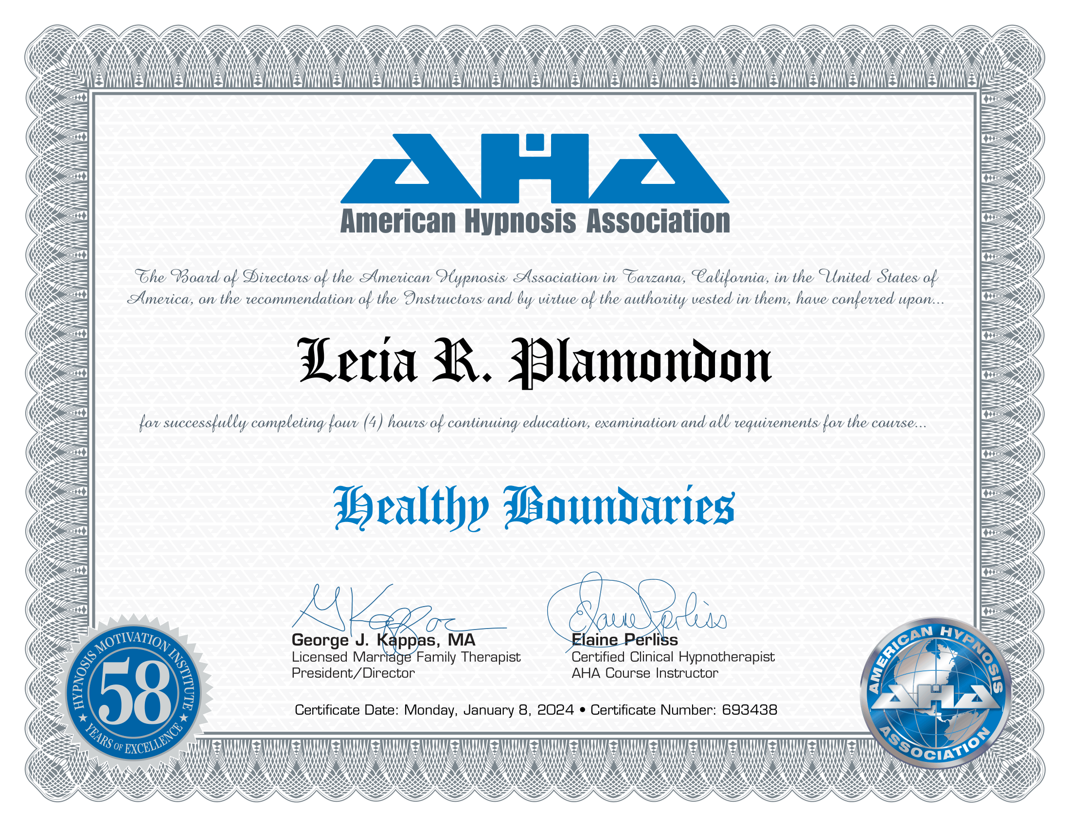 Certificate from the American Hypnosis Association with the name Lydia R. Tamondon, awarded for completing four hours of hypnosis training. The document features decorative borders, official seals, signatures, and a certificate number.