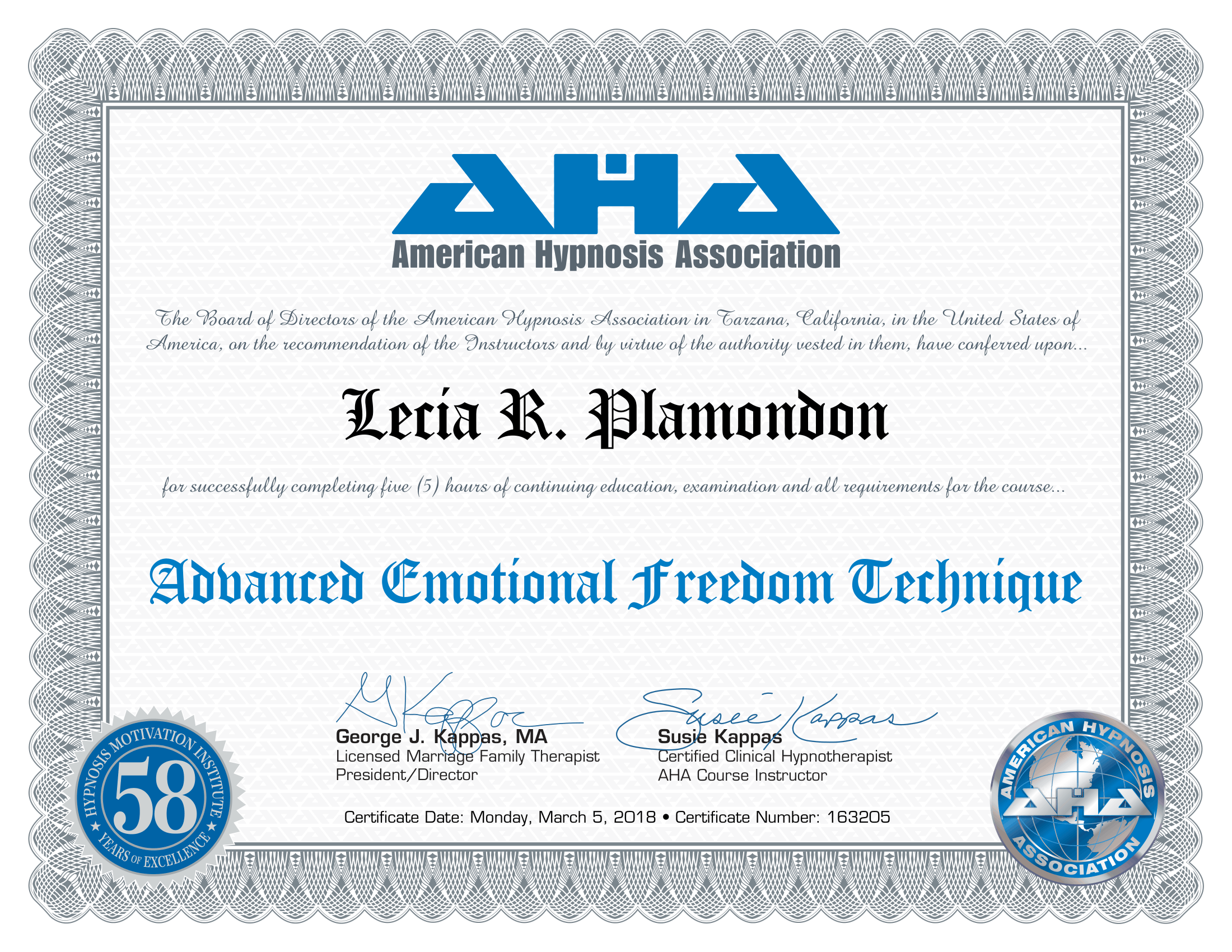A certificate from the American Hypnosis Association recognizing Lecia R. Plamondon for completing five hours of advanced emotional freedom technique training, signed by George J. Kappas and Susie Kappas, dated March 5, 2018.