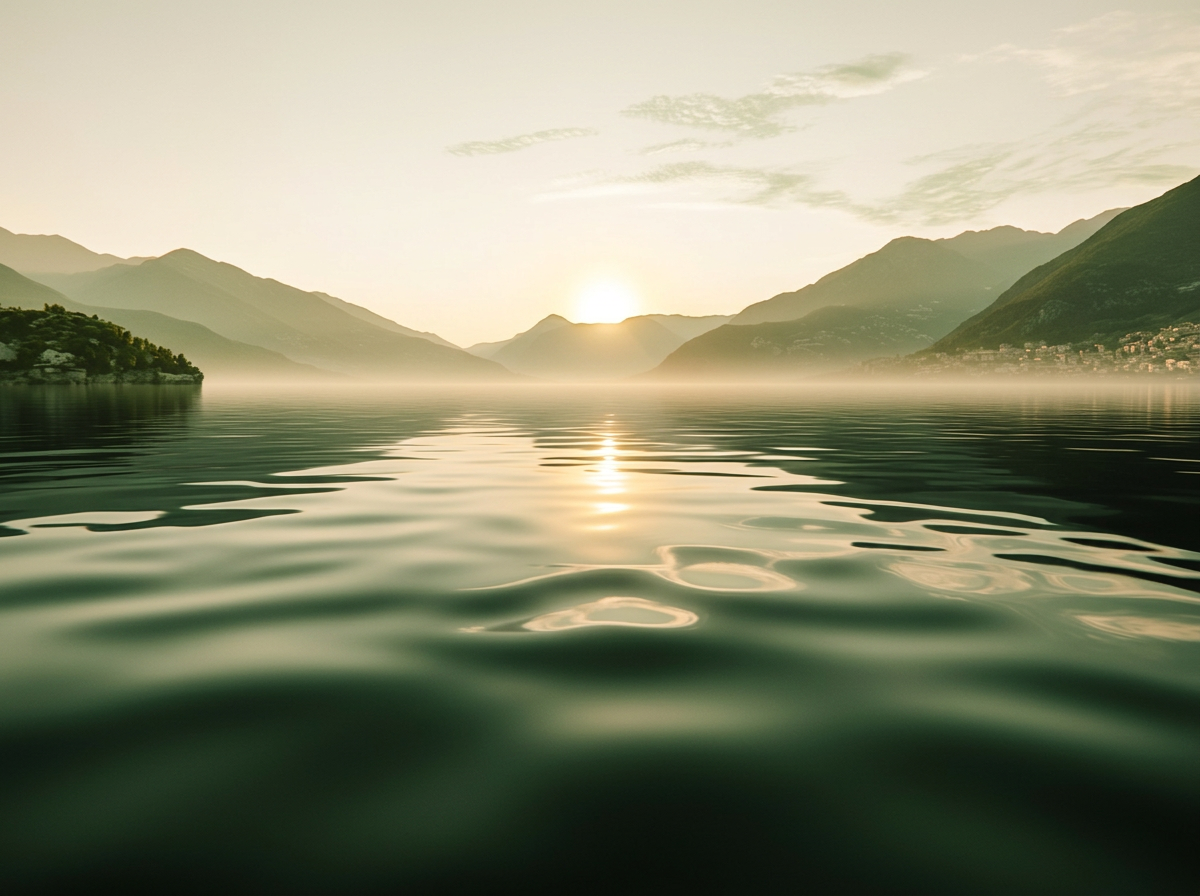 A serene body of water reflecting sunlight, surrounded by mountains at sunrise or sunset with mist hovering over the water
